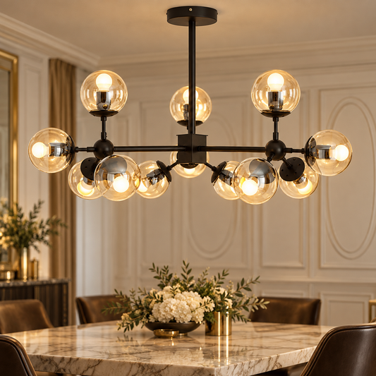 Abira Matte Black Finish and Glass 12 Bulb Pendant Light