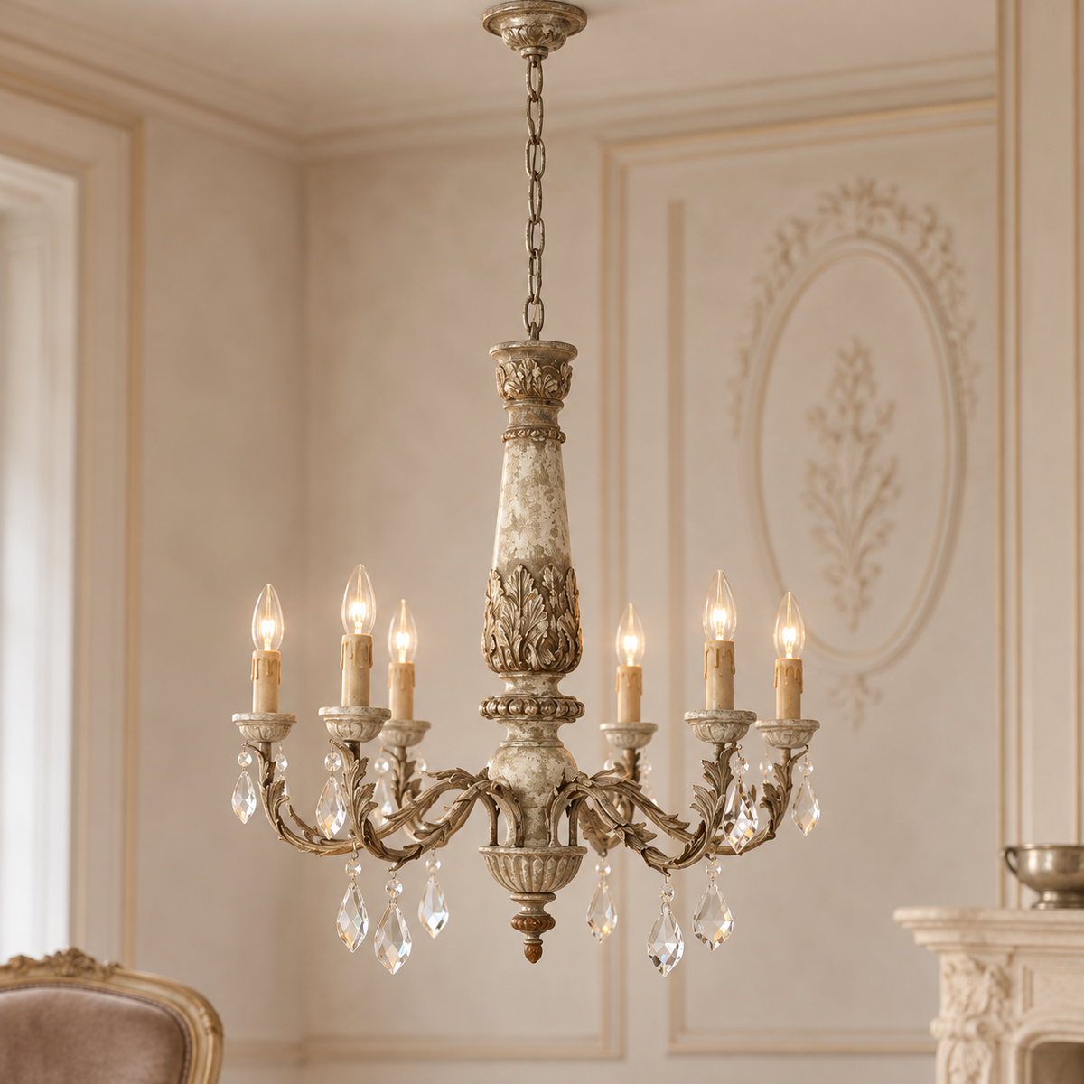 Carved Wooden 6 Arm Chandelier | Pavatti
