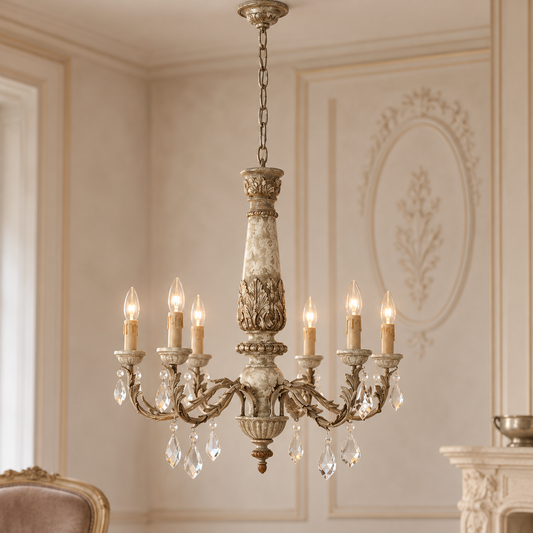 Carved Wooden 6 Arm Chandelier | Pavatti