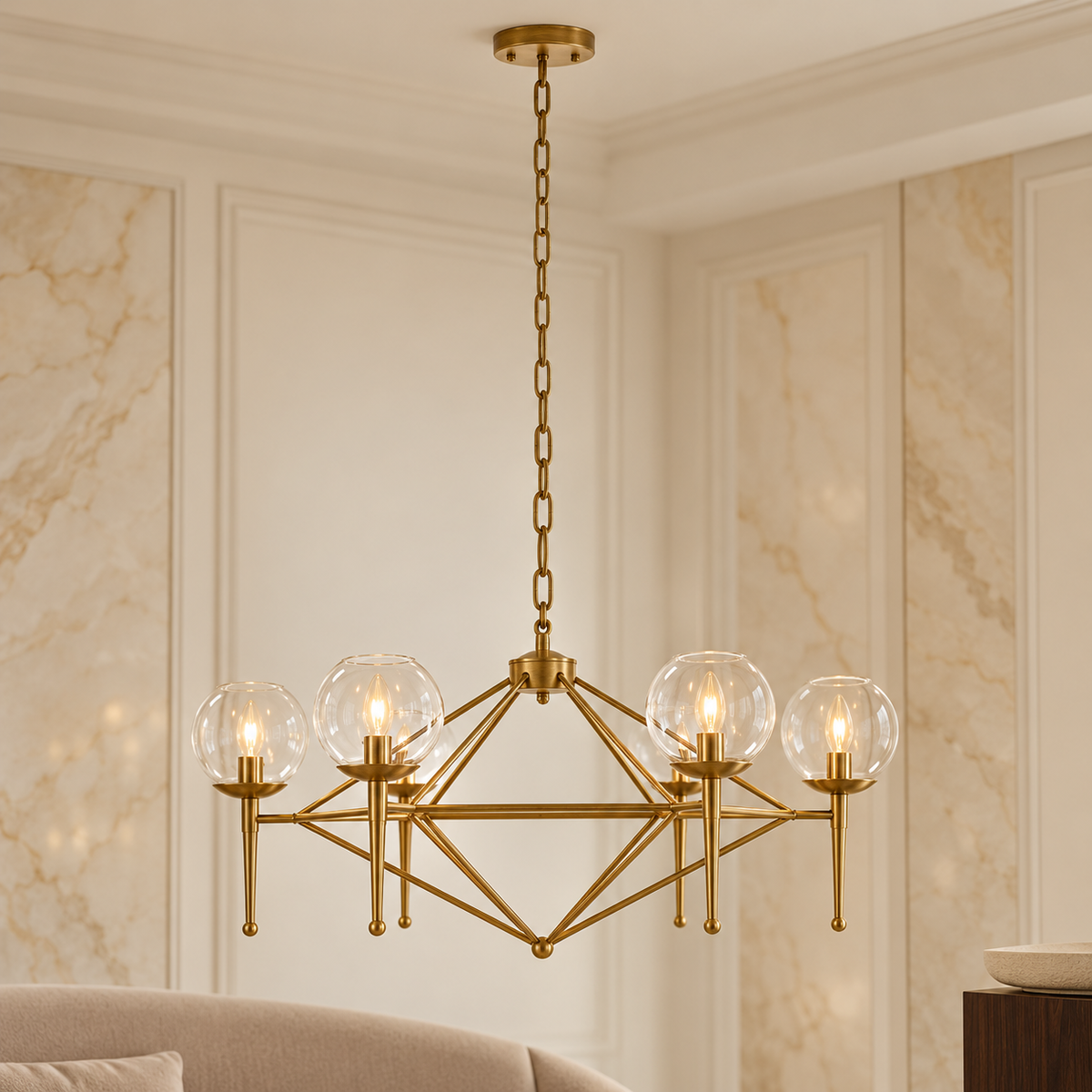 Abira Gold Finish and Glass 6 Bulb Pendant Light