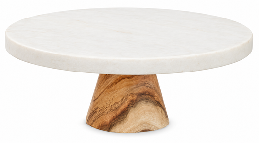 Round White Marble and Acacia Wood Cake Stand | Monzaro