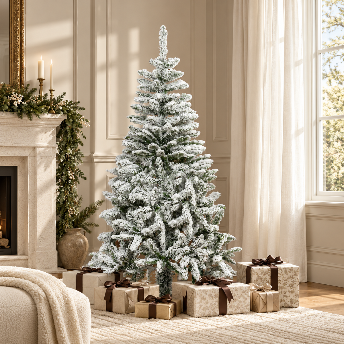 5 Ft Snow Flocked Artificial Christmas Tree Xmas Pine Tree with Realistic Branches, Auto Open and Steel Base, Green