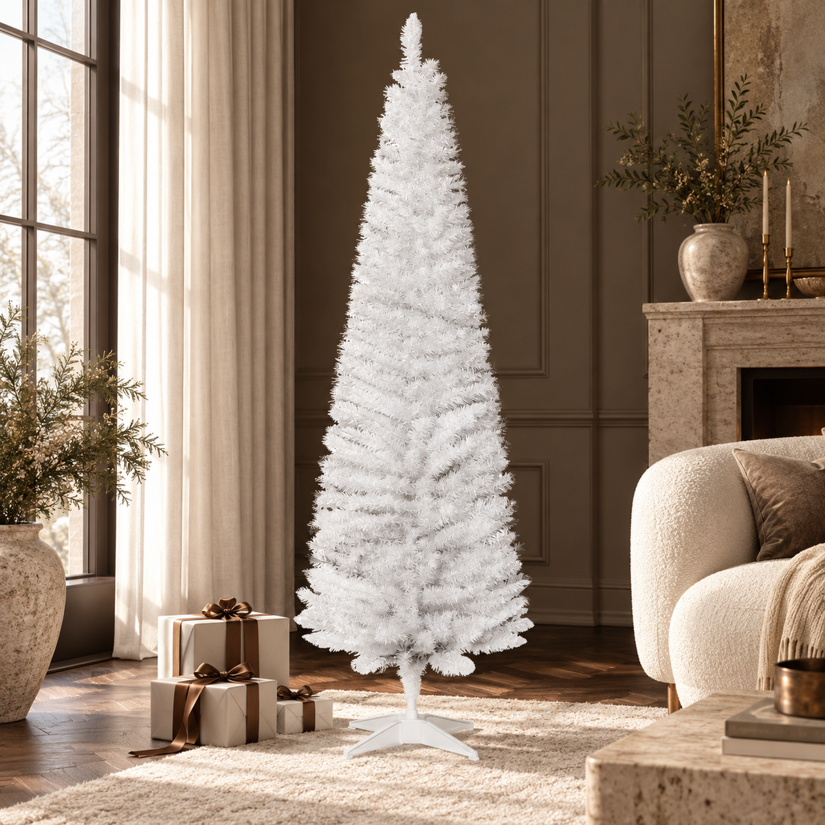 1.8m 6ft Artificial Pine Pencil Slim Christmas Tree with 390 Branch Tips White