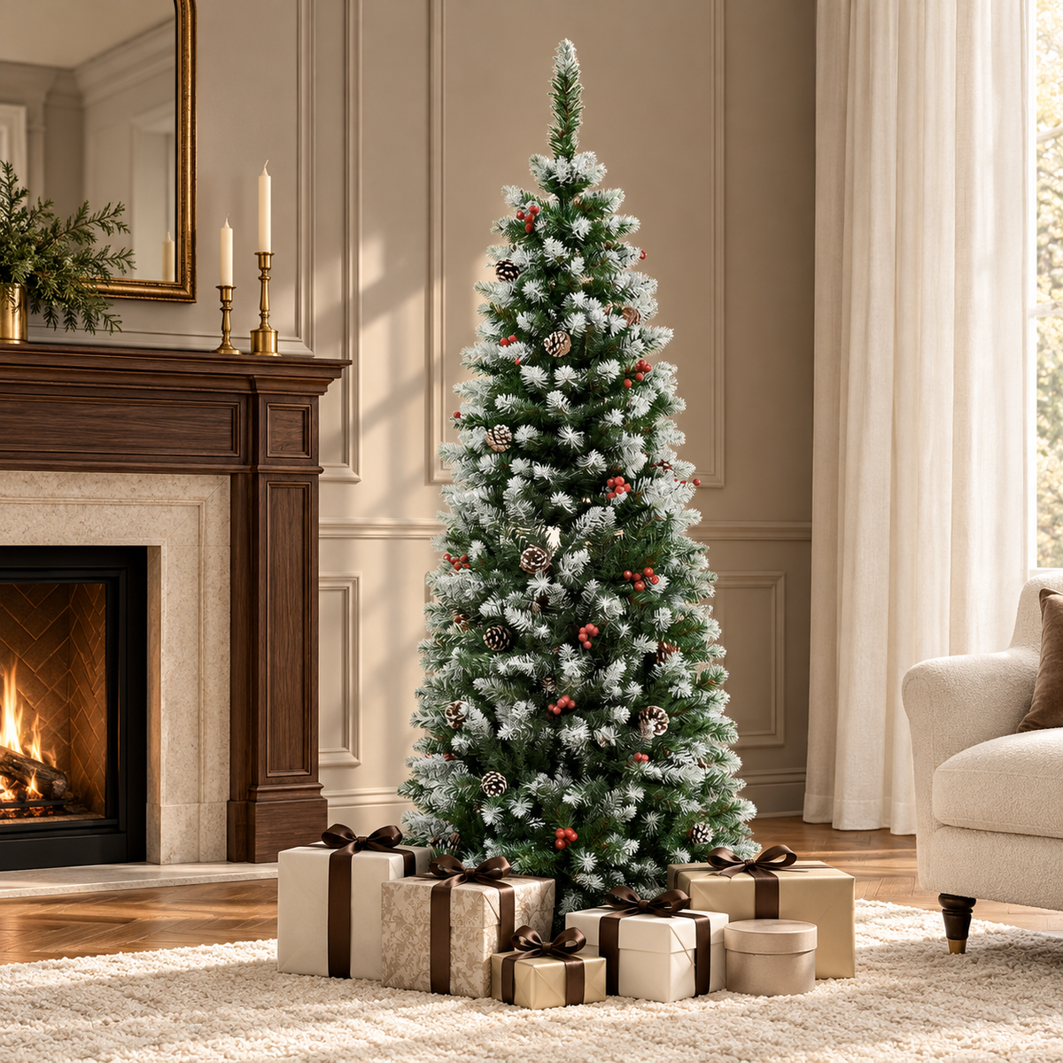 5FT Artificial Christmas Tree Pencil Tree Berries Pinecones Foldable Feet Green