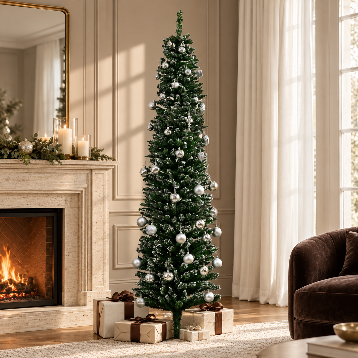 6.5FT Artificial Snow Dipped Christmas Tree Pencil Foldable Black Stand Green