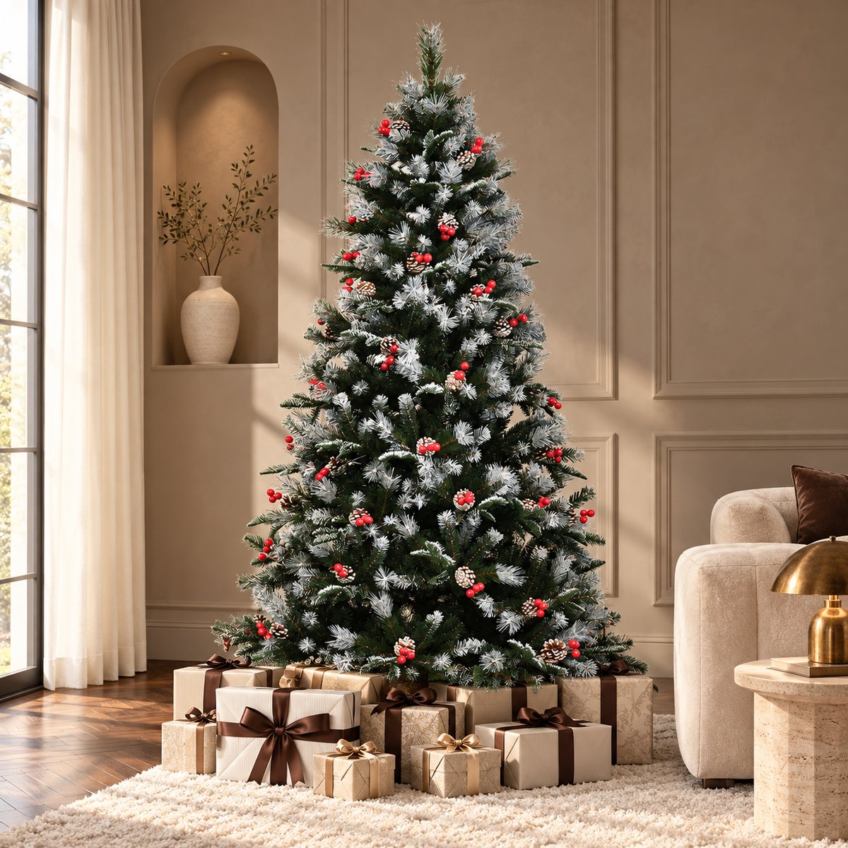6FT Artificial SnowDipped Christmas Tree Foldable Berries White Pinecones Green