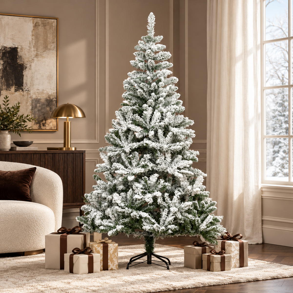 6 Ft Snow Flocked Artificial Christmas Tree Xmas Pine Tree with Realistic Branches, Auto Open and Steel Base, Green