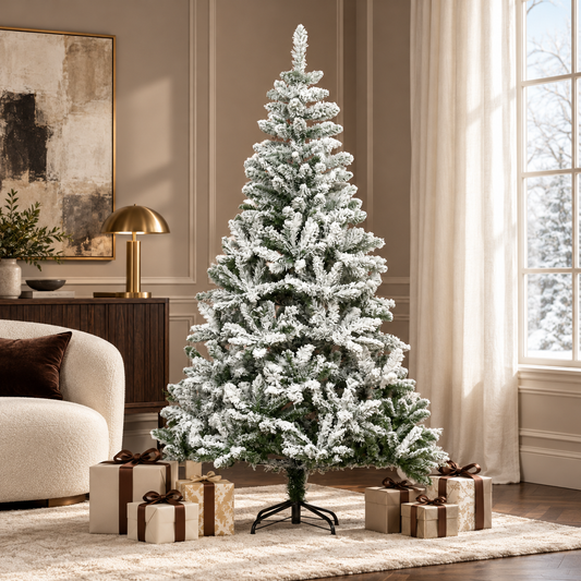 6 Ft Snow Flocked Artificial Christmas Tree Xmas Pine Tree with Realistic Branches, Auto Open and Steel Base, Green