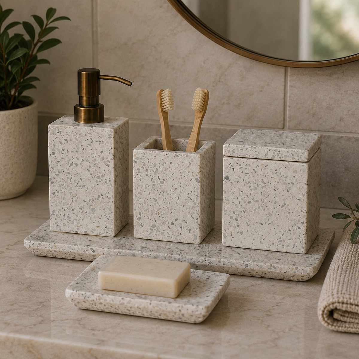 5 Piece Polished White Marble Bathroom Set