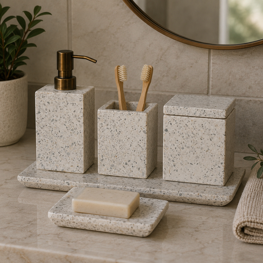 5 Piece Polished White Marble Bathroom Set