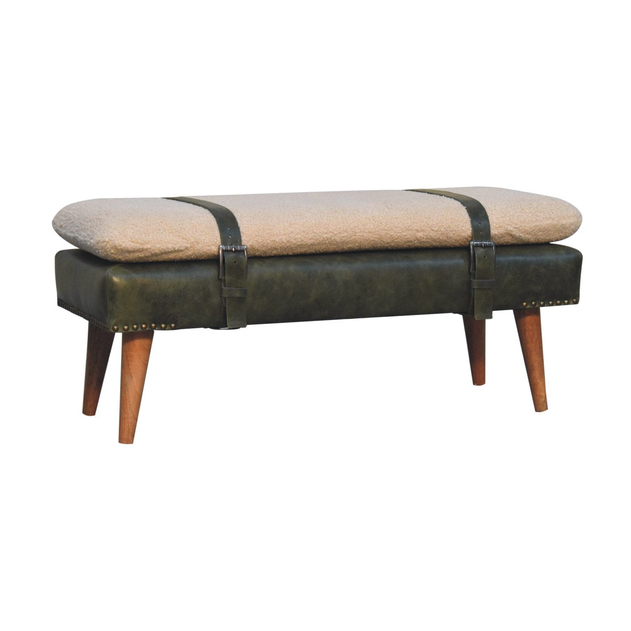 BouclÃ© Buffalo Hide Olive Green Leather Bench