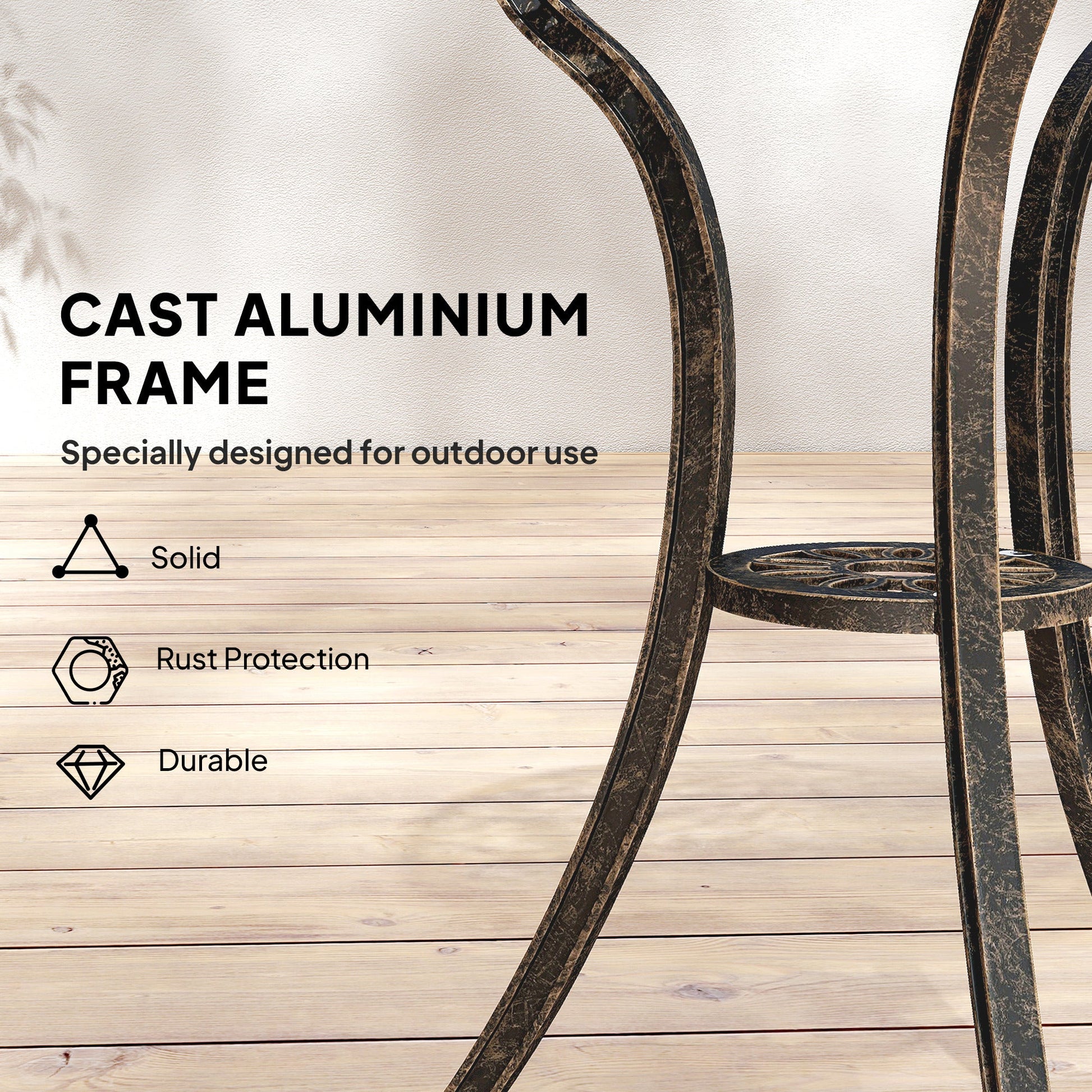 Outdoor Bistro Set for 2 Cast Aluminium Patio Furniture with Round Table Umbrella Hole Brown