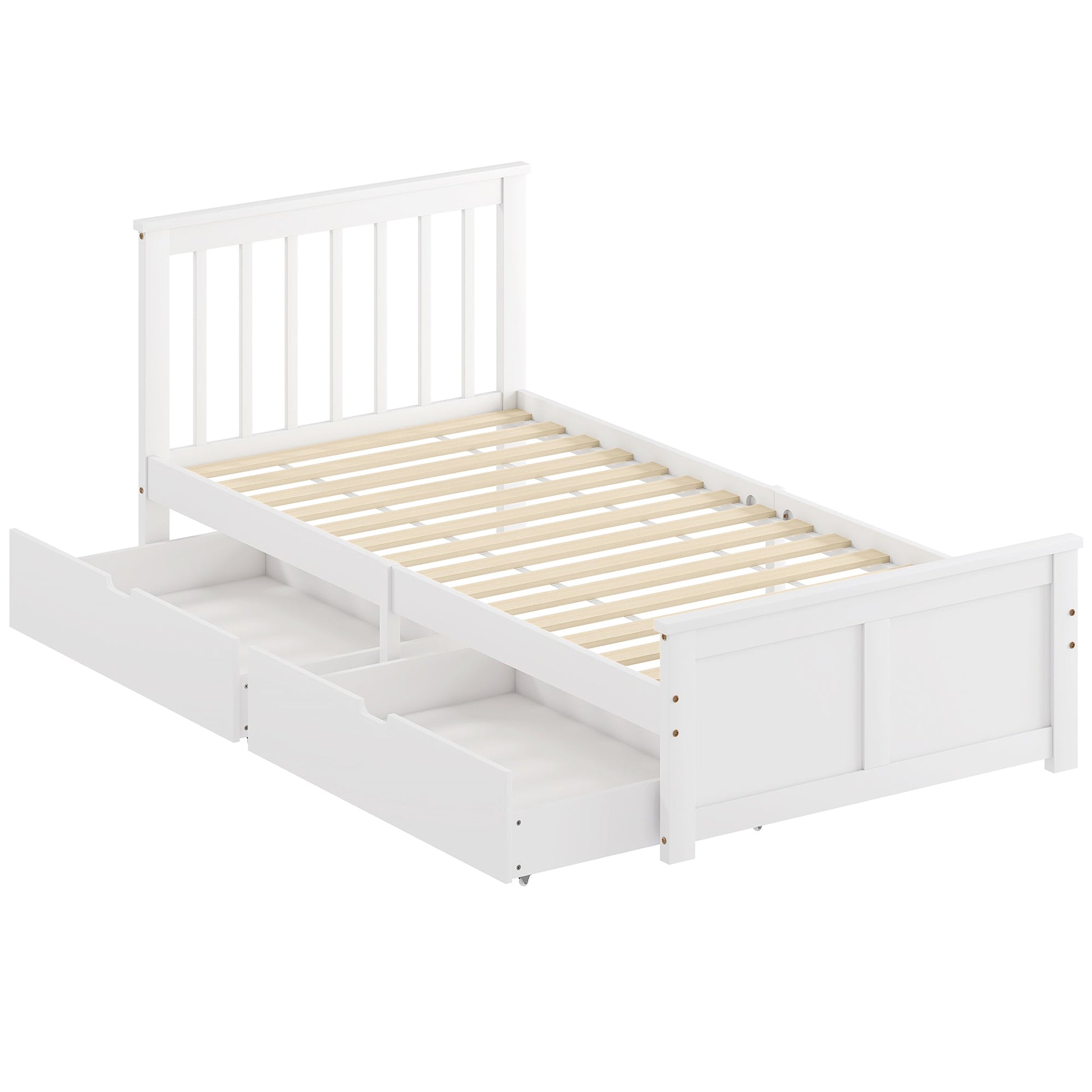 Wooden Single Bed Frame, with Drawers - White