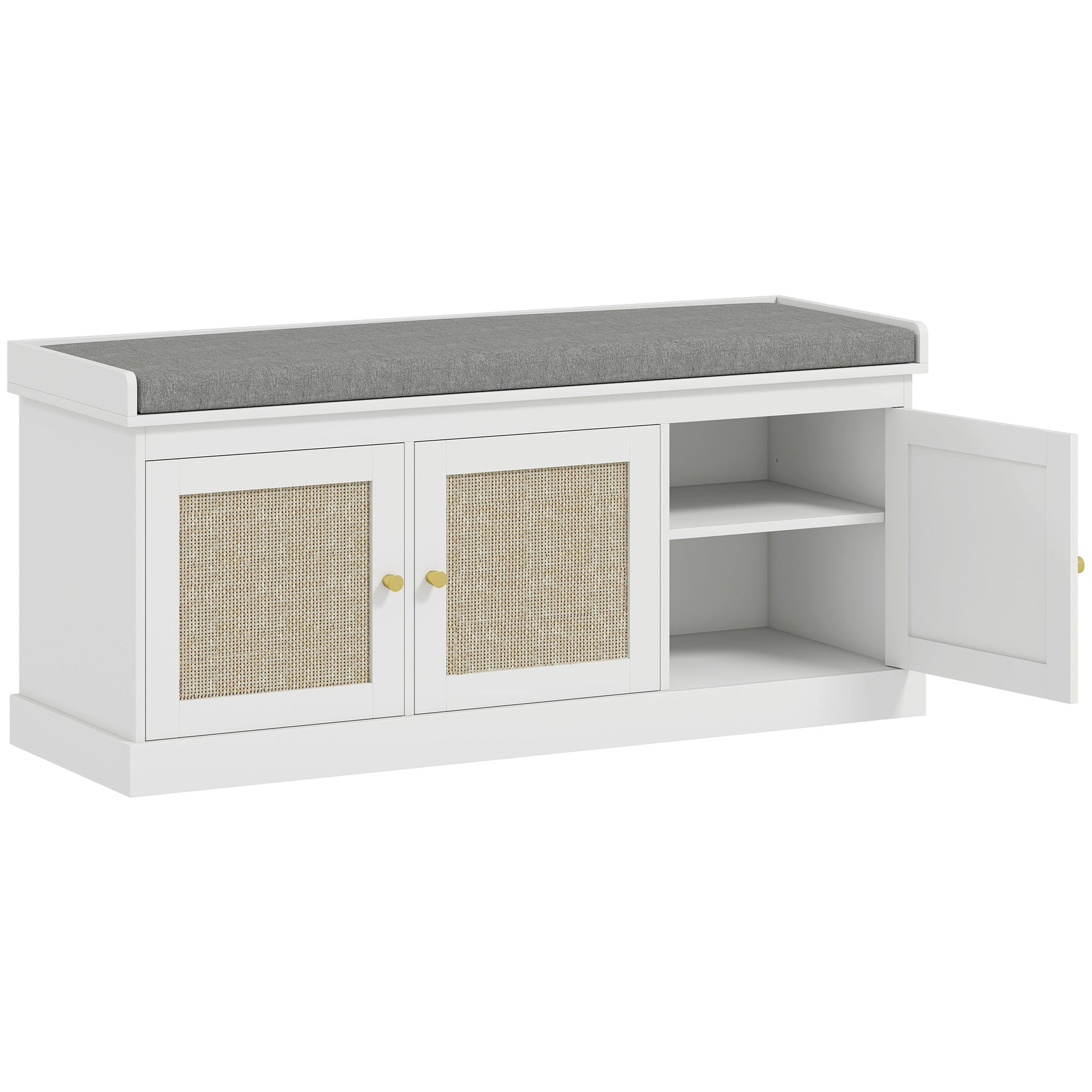 Shoe Storage Bench with Woven Rattan Doors, Seat - White