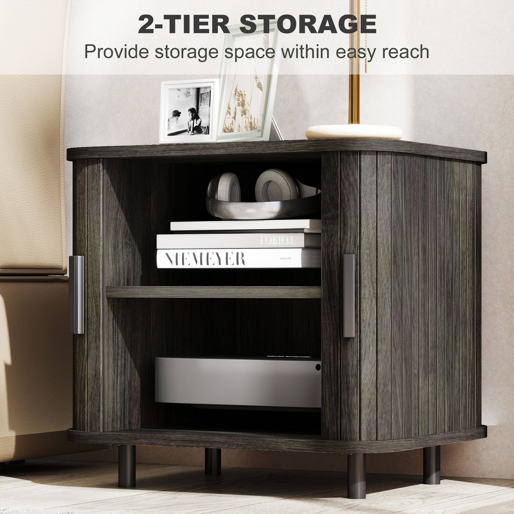 Bedside Table, Nordic Side Table with Roller Shutter Style Sliding Doors and Metal Legs for Bedroom, Living Room, Grey