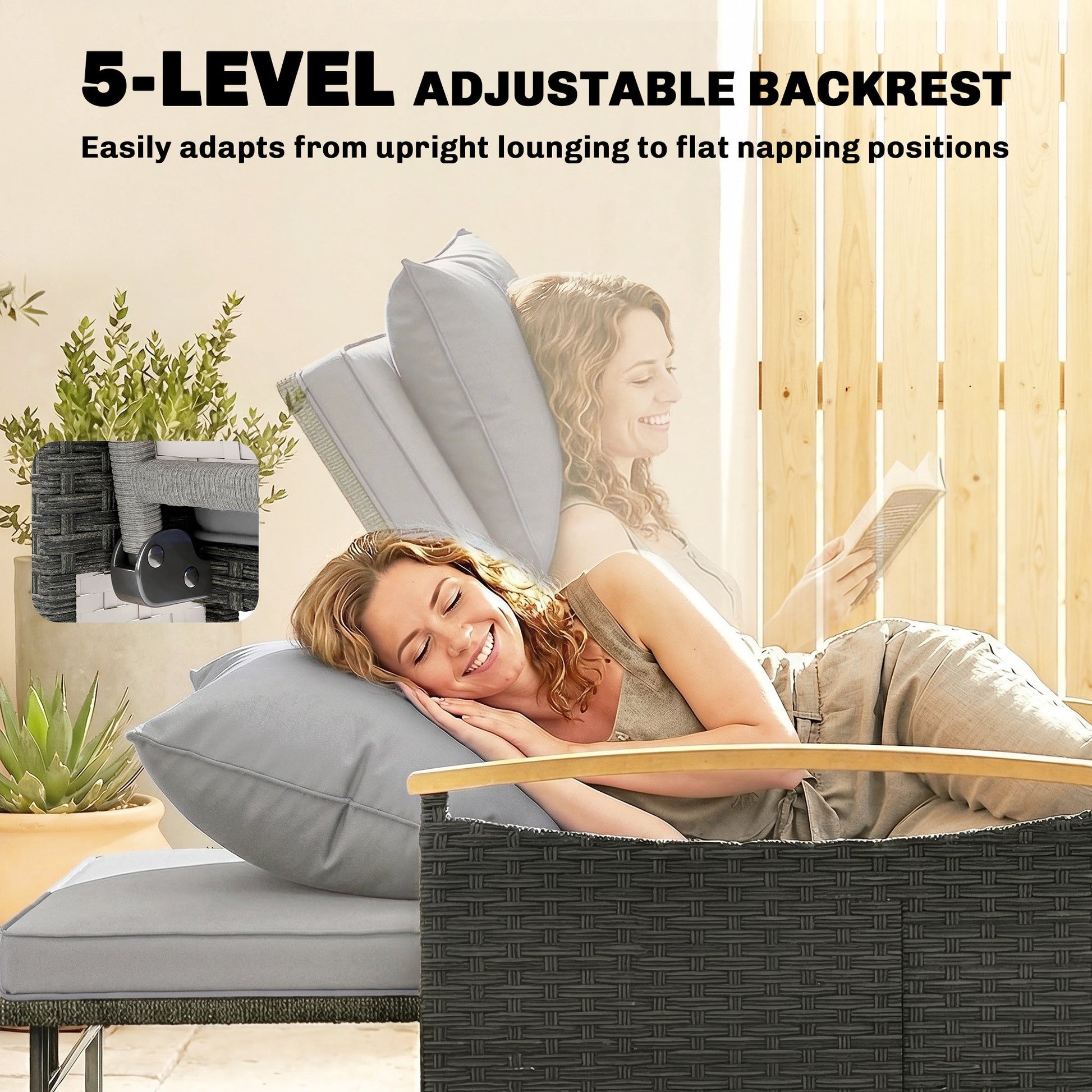 Double Garden Rattan Daybed, Wicker Sun Bed Chaise Lounger with Storage Ottoman, 4-Level Adjustable Backrest, Dark Grey