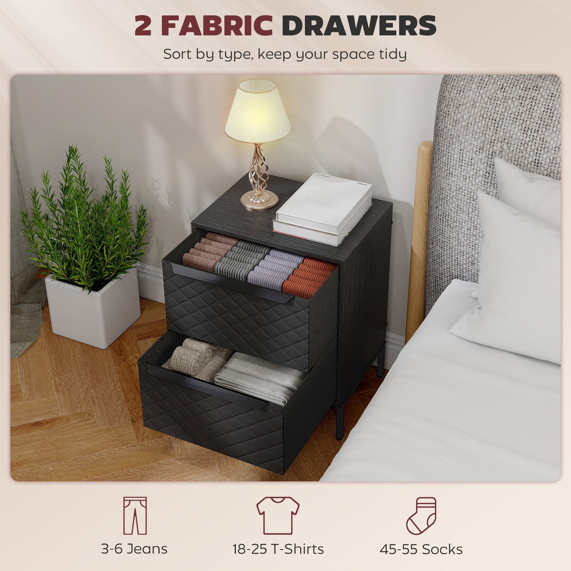 Chest of Drawers, Dresser with 2 Fabric Drawers and Aluminium Handles - Black