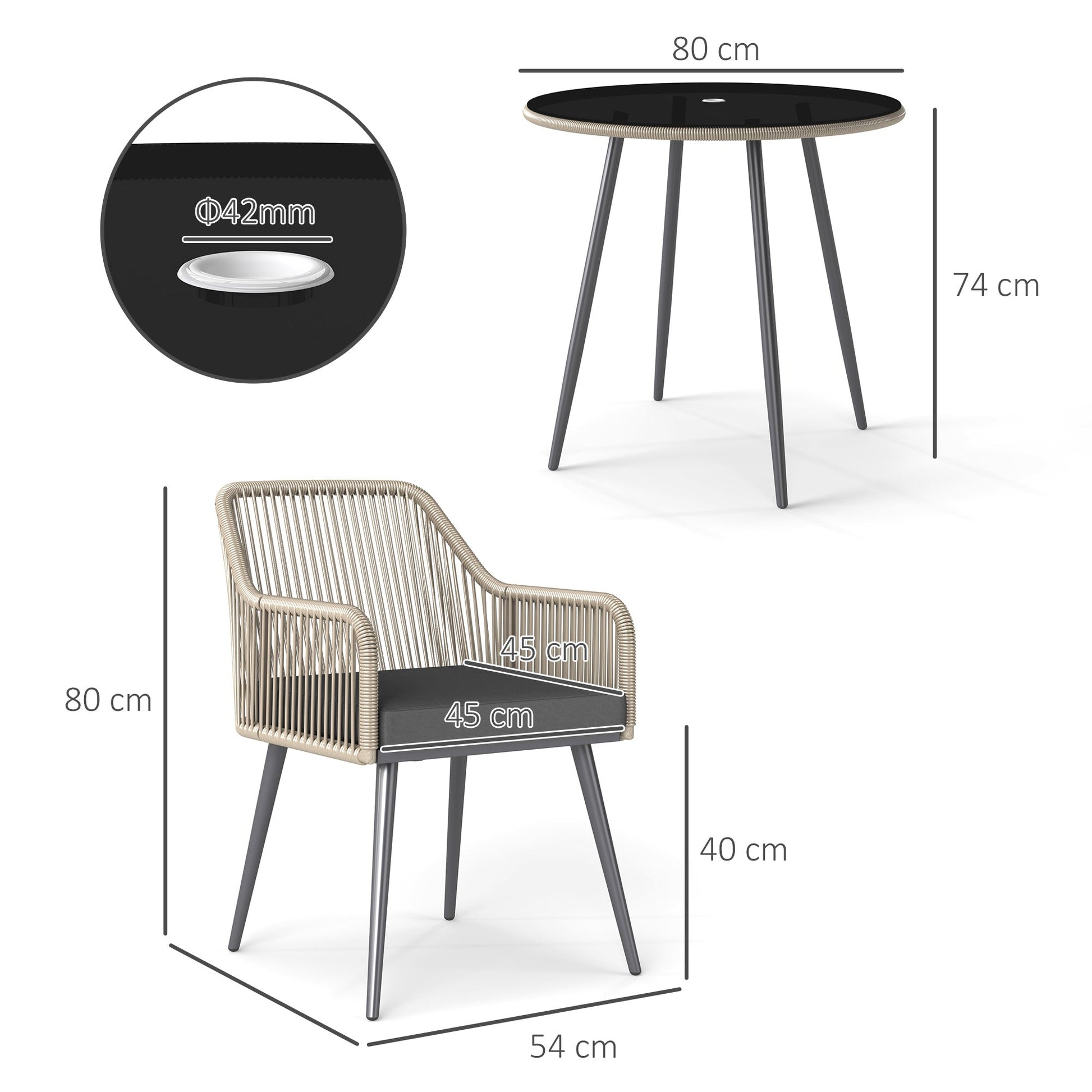 4 Seater Rattan Dining Set, Rattan Garden Furniture Set with Parasol Hole, Outdoor Dining Table and Chairs Set with Cushions, Round Glass Top Table for Patio, Balcony, Light Brown