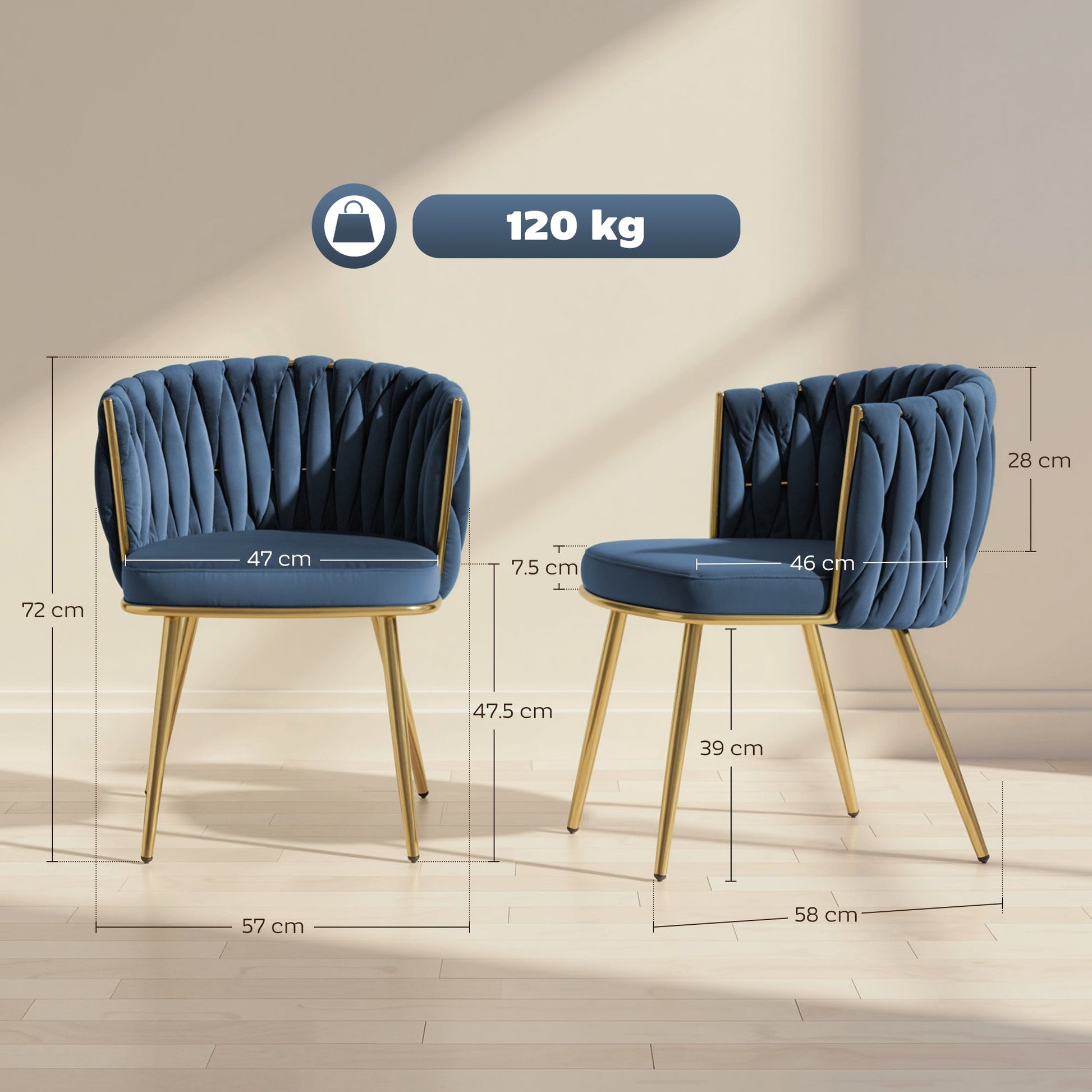 Velvet-Feel Dining Chairs Set of 2, Modern Upholstered Armchair with Knot Design and Golden Metal Legs, Accent Chair for Dining Room, Bedroom, Kitchen, Living Room, Dark Blue