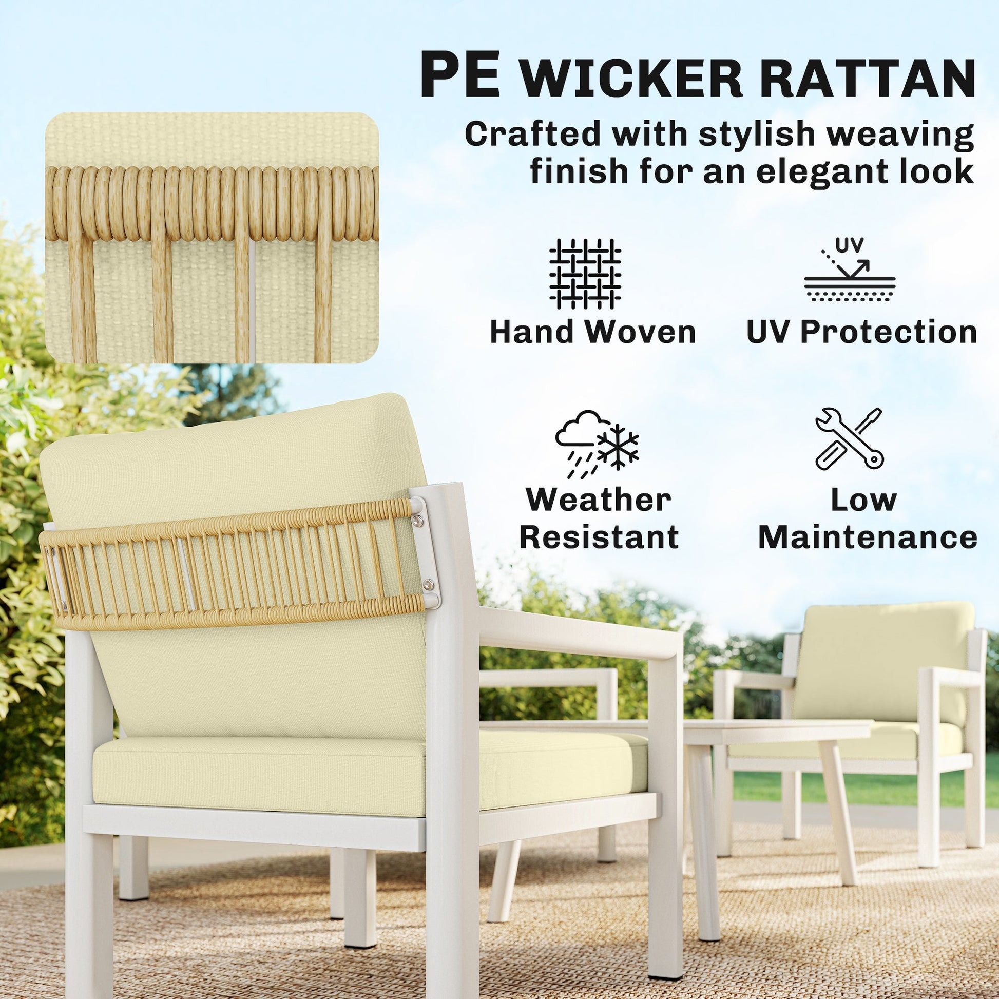 4 Seater Rattan Garden Furniture Set with 2 Armchairs, Loveseat, Coffee Table, Garden Sofa Set with Cushions, Brown