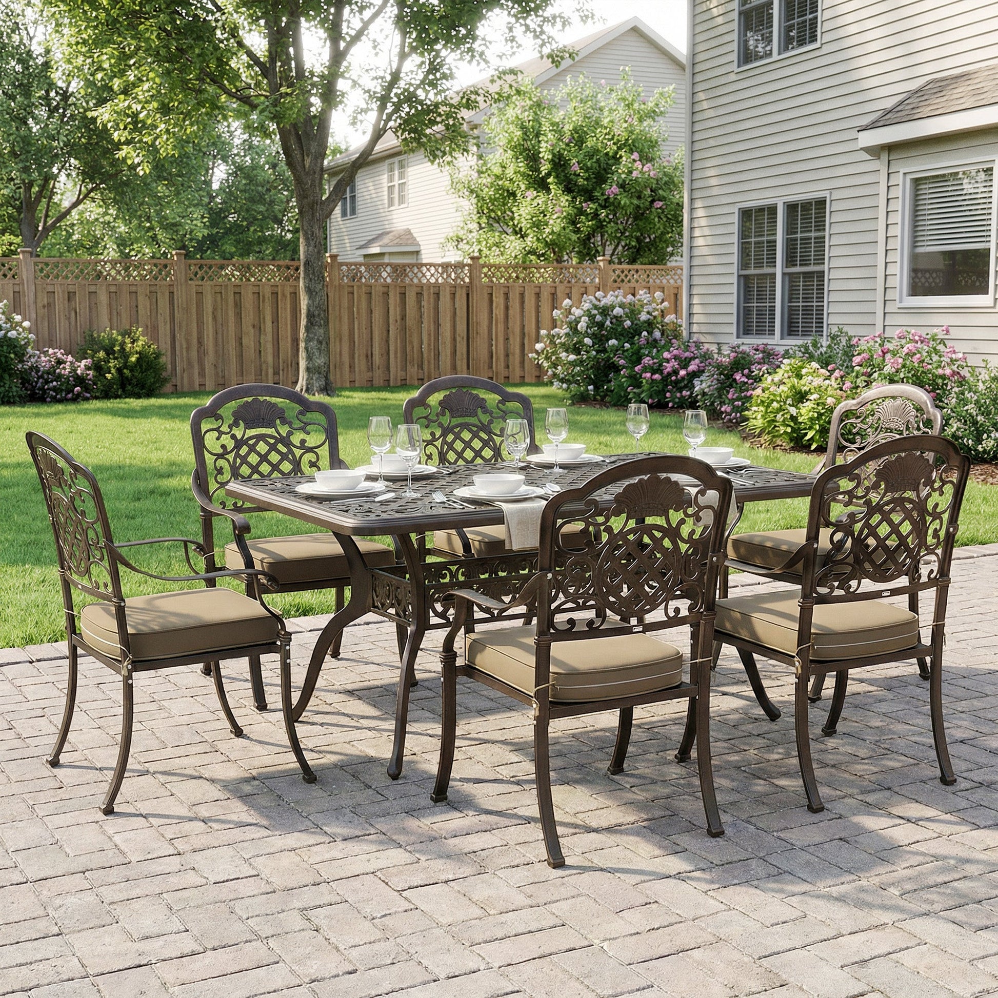 Garden Dining Set for 6, Cast Aluminium Outdoor Table and Chairs Set with Cushions, Parasol Hole for Patio, Bronze Tone