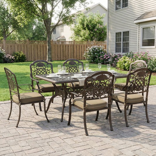 Garden Dining Set for 6, Cast Aluminium Outdoor Table and Chairs Set with Cushions, Parasol Hole for Patio, Bronze Tone
