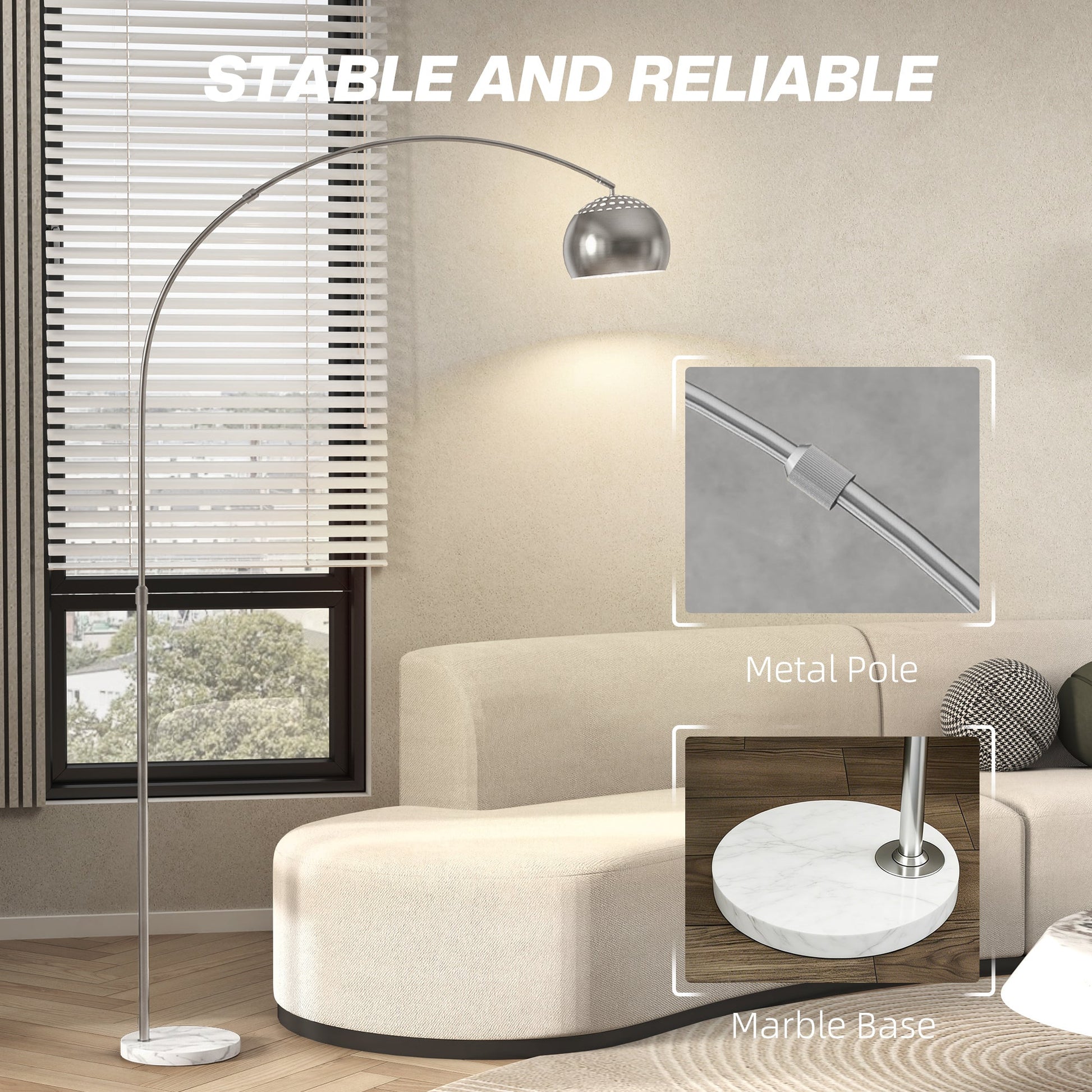 Arc Floor Lamp for Living Room, Modern Adjustable Standing Lamp with Faux Black Marble Base Silver Tone