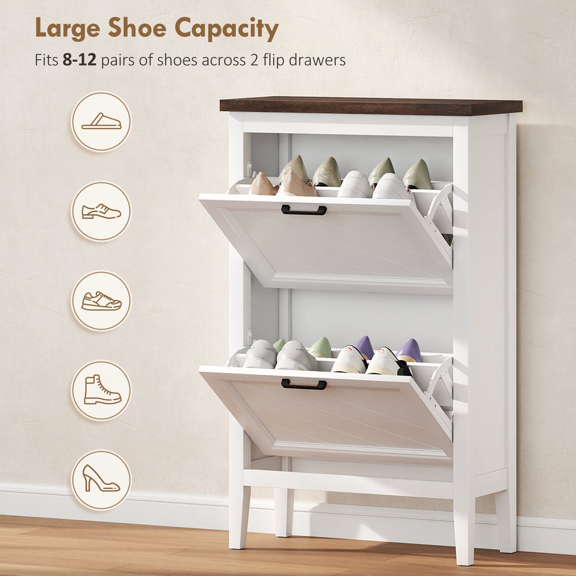Shoe Cabinet with 2 Flip Drawers, Farmhouse Narrow Shoe Storage Cabinet with Adjustable Shelves, White