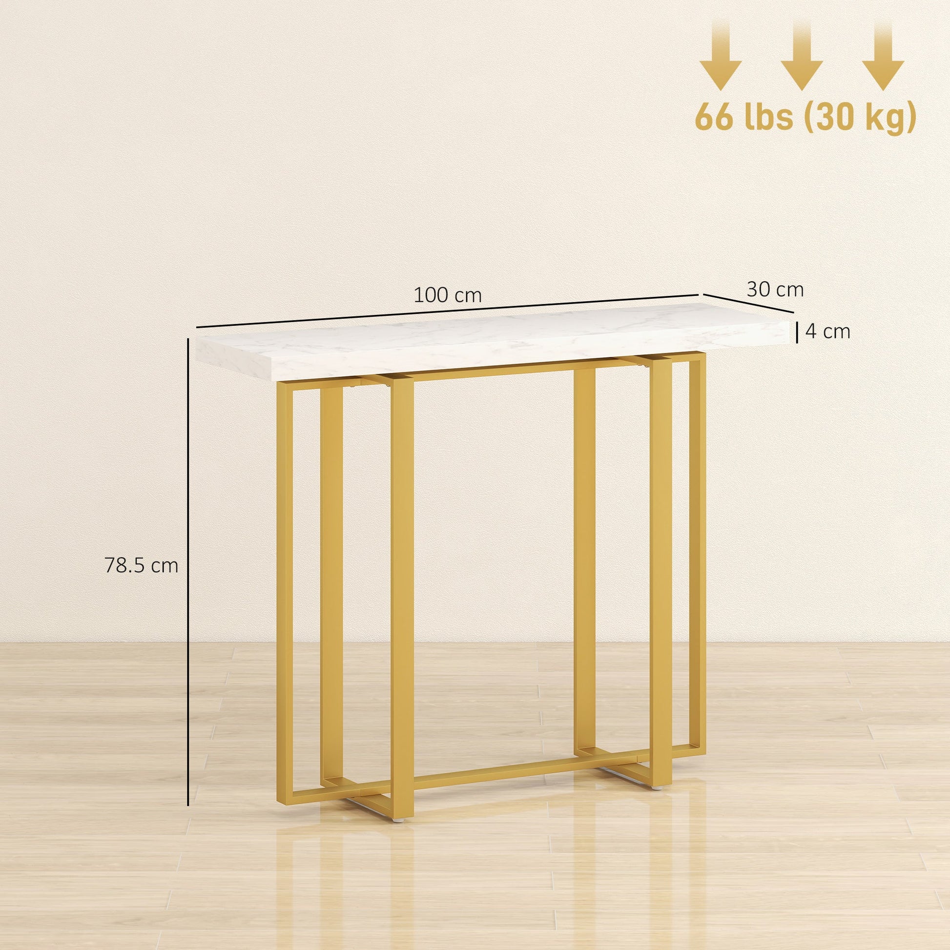 Console Table with Faux Marble Top, 100 cm Narrow Entryway Table with Anti-tipping Device, Steel Frame, White