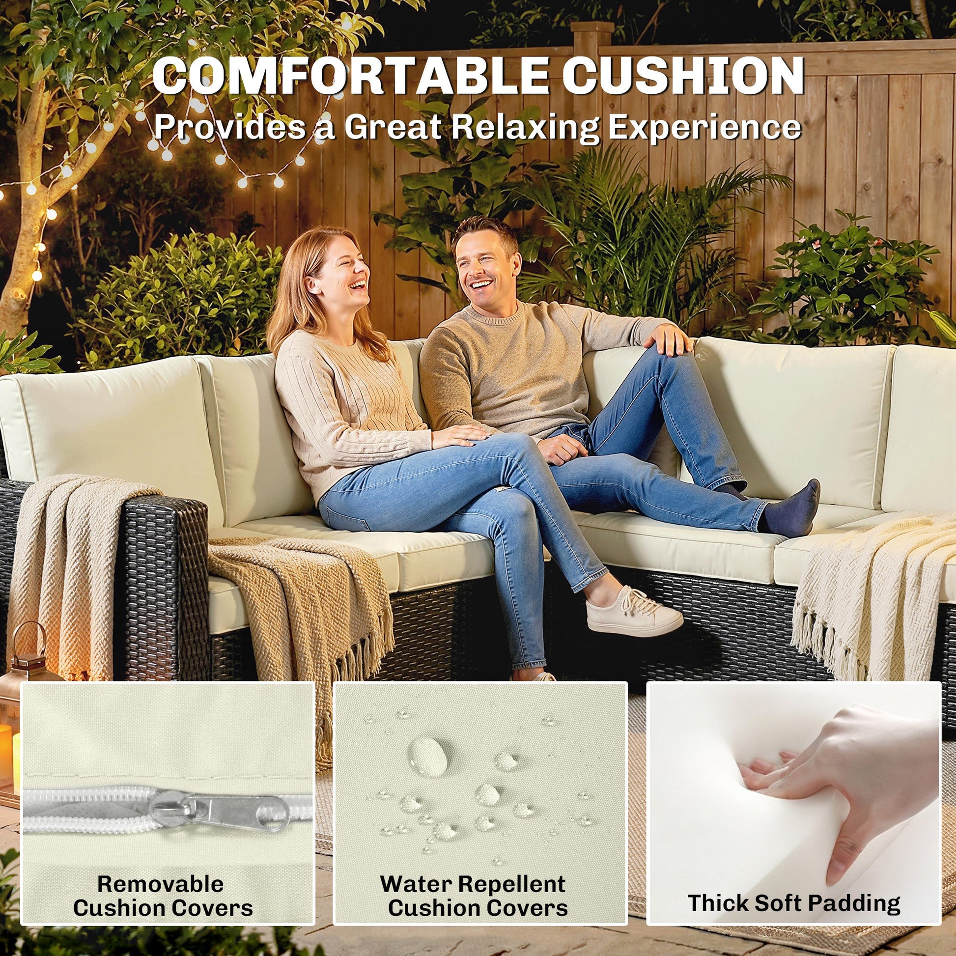 7 Pieces PE Rattan Garden Furniture Set, 50,000 BTU Gas Fire Pit Table, Double Corner Sofa and 3 Footstools