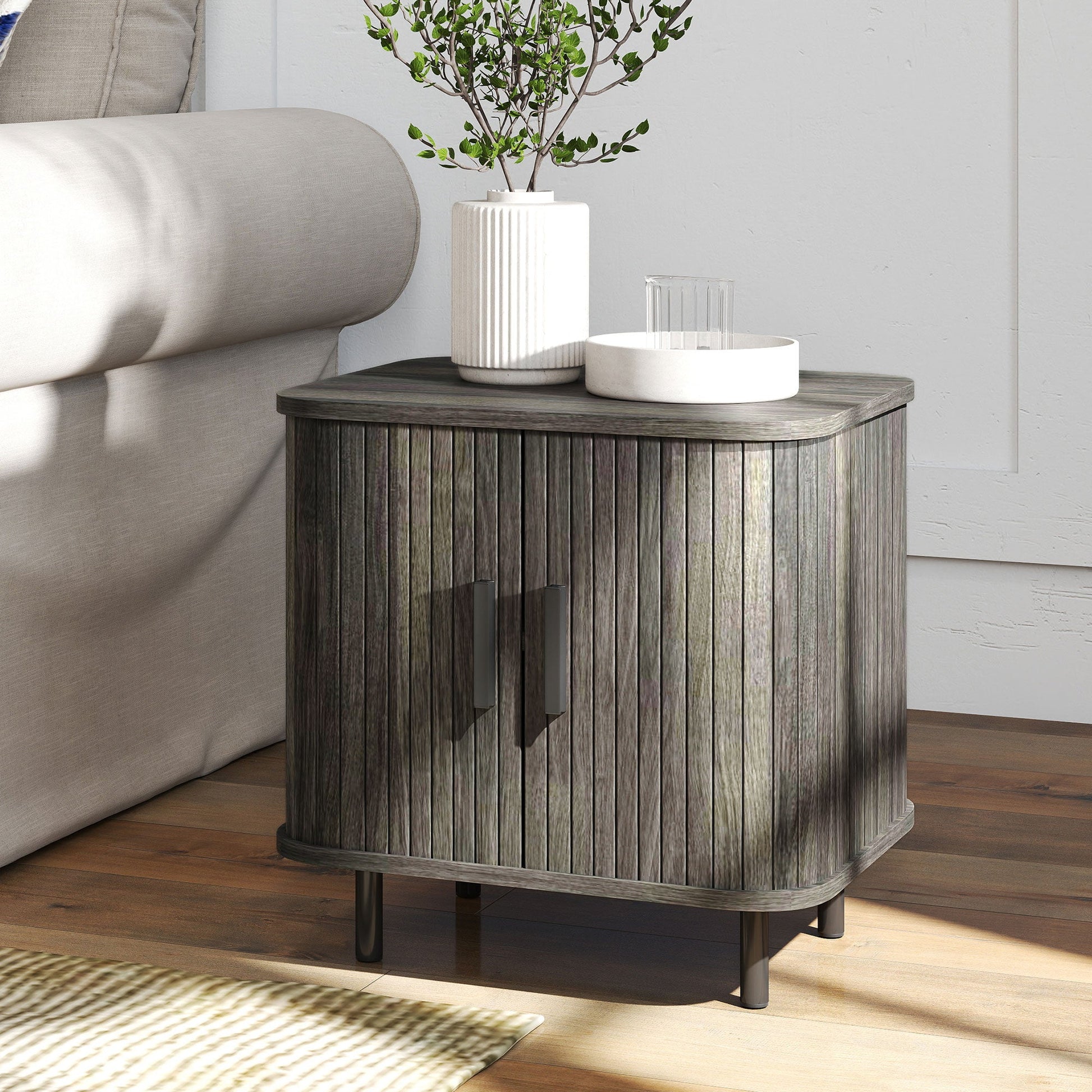 Bedside Table, Nordic Side Table with Roller Shutter Style Sliding Doors and Metal Legs for Bedroom, Living Room, Grey
