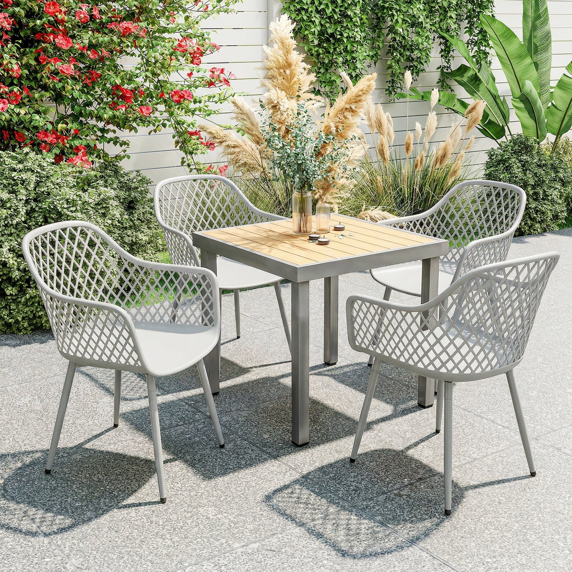 Garden Chairs Set of 4, Garden Dining Chairs with Cut Out Diamond Back and Armrests for Patio, Balcony, Terrace, Grey