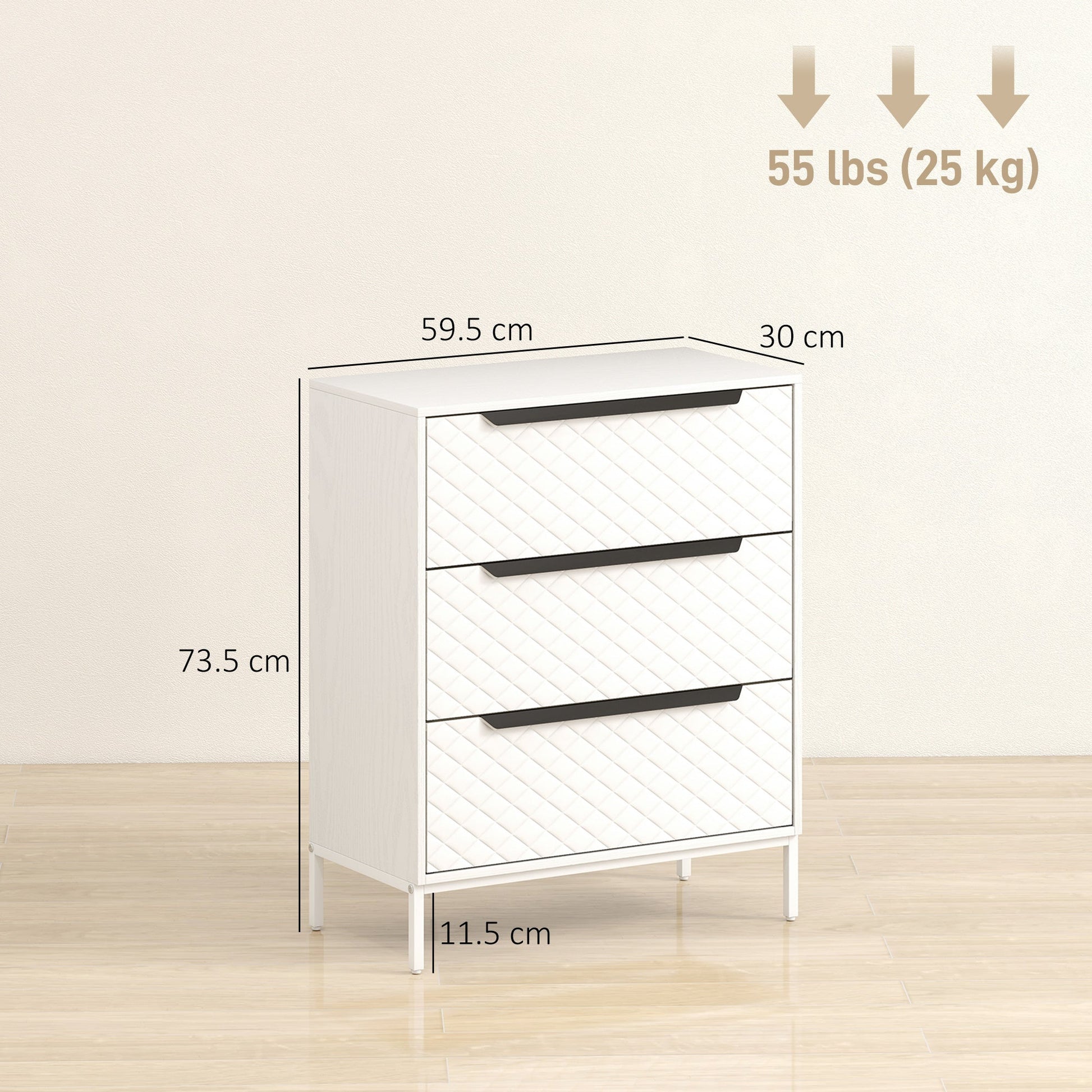Chest of Drawers, Dresser with 3 Fabric Drawers and Aluminium Handles - White