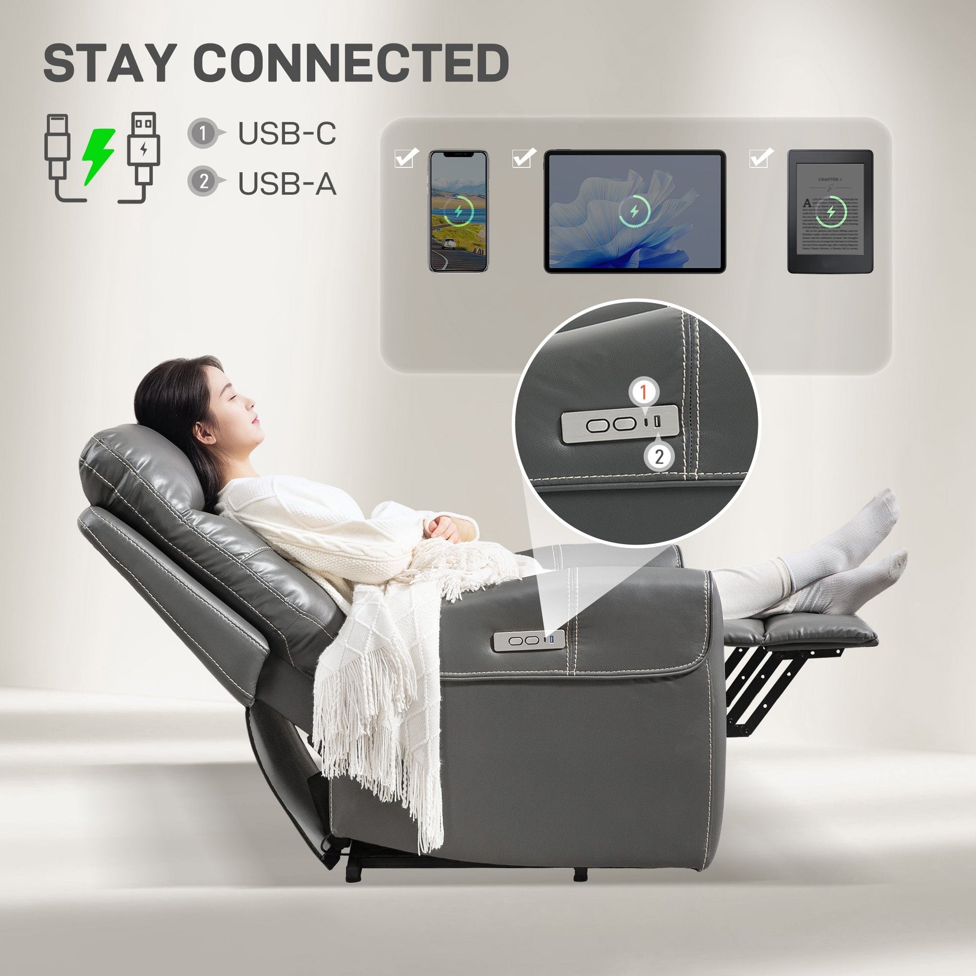 Power Lift Recliner Chair for Elderly, Overstuffed Faux Leather Riser and Reclining Chair with USB A+C Ports, Remote Control, Recliner Armchair for Living Room, Charcoal Grey