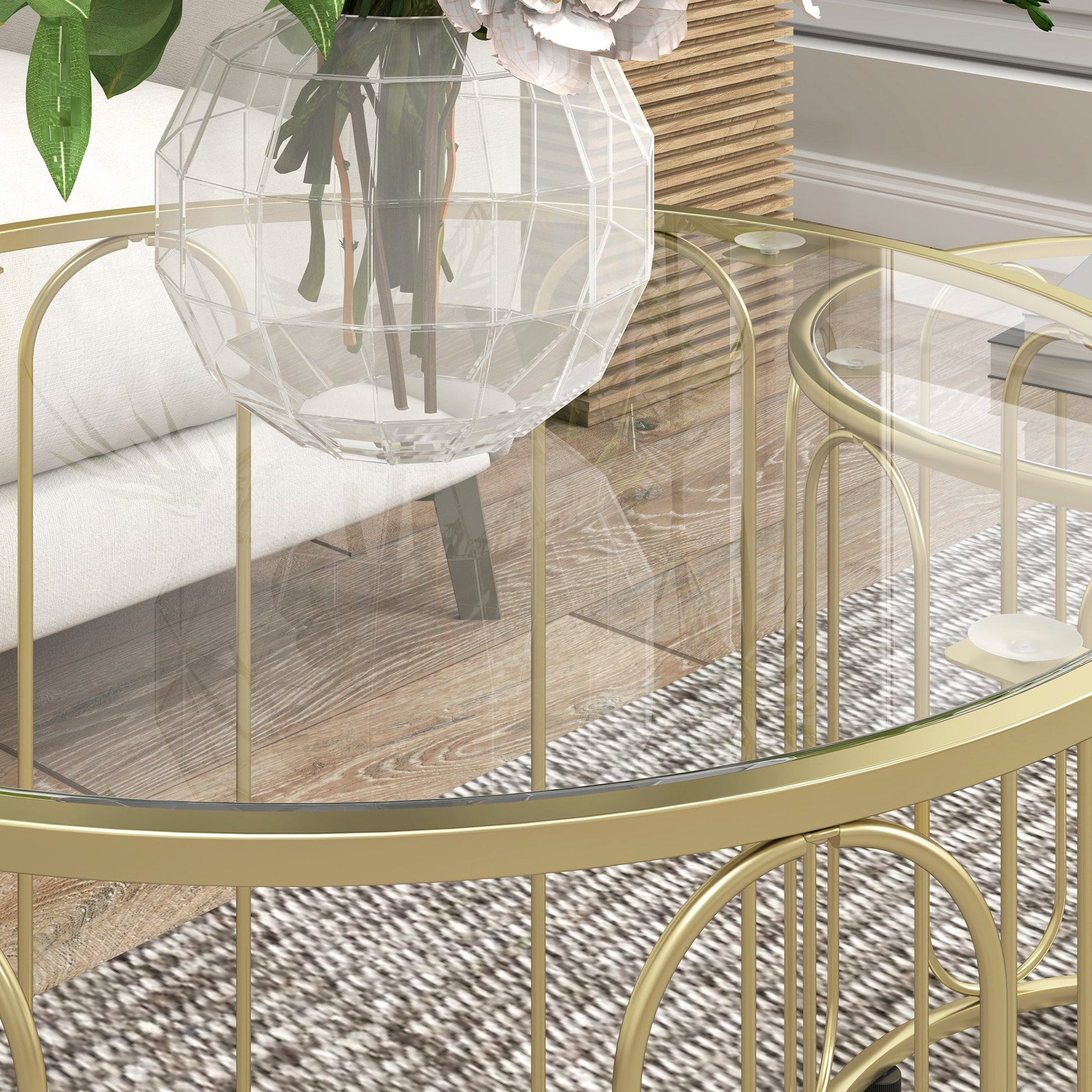 Round Coffee Table Set of 2, Glass Nest of Tables with Metal Frame and Tempered Glass Tabletop, Modern Side Tables for Living Room, Gold Tone