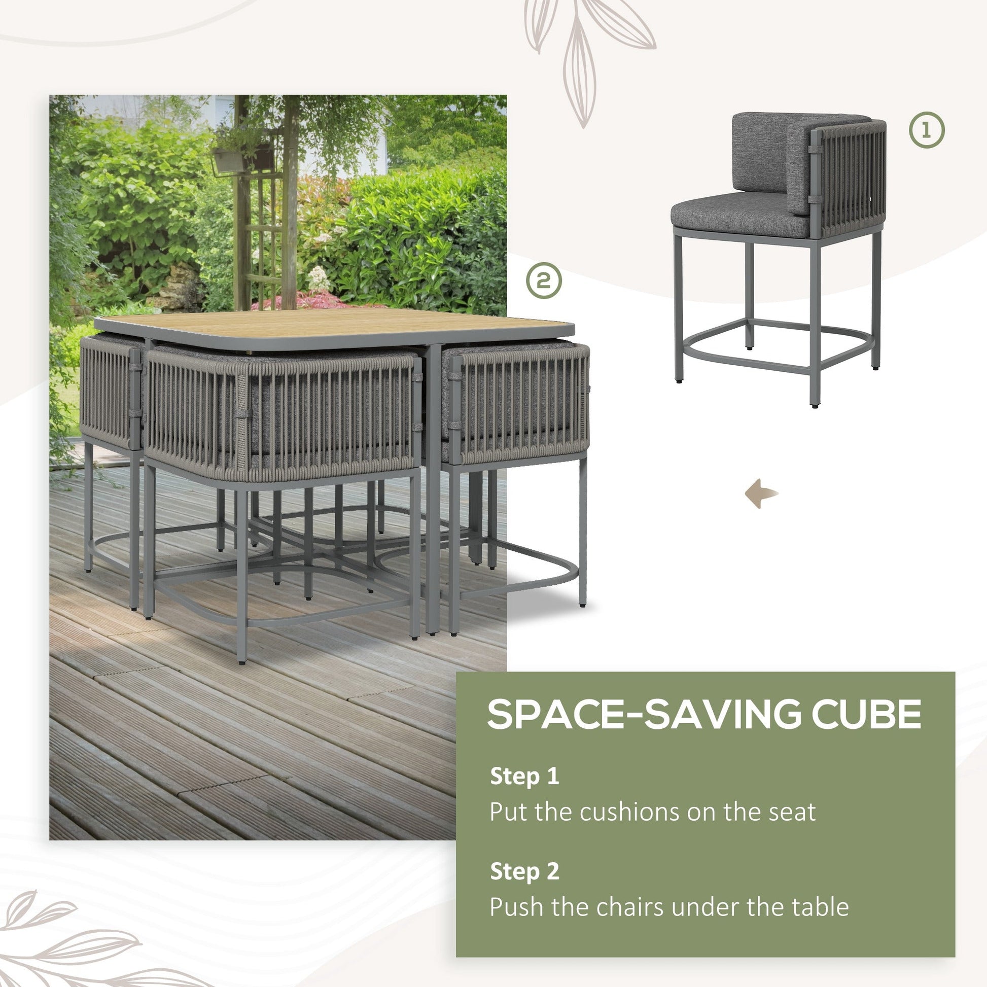 4 Seater Rattan Cube Garden Furniture Set with Cushions, Square Garden Dining Set with Stone Composite Board Top Table, Outdoor Dining Table and Chairs, Grey