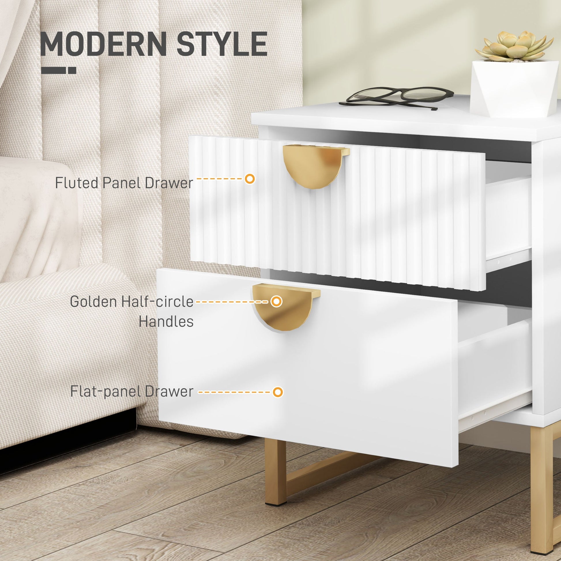 Elegant Two-Drawer Bedside Table - White