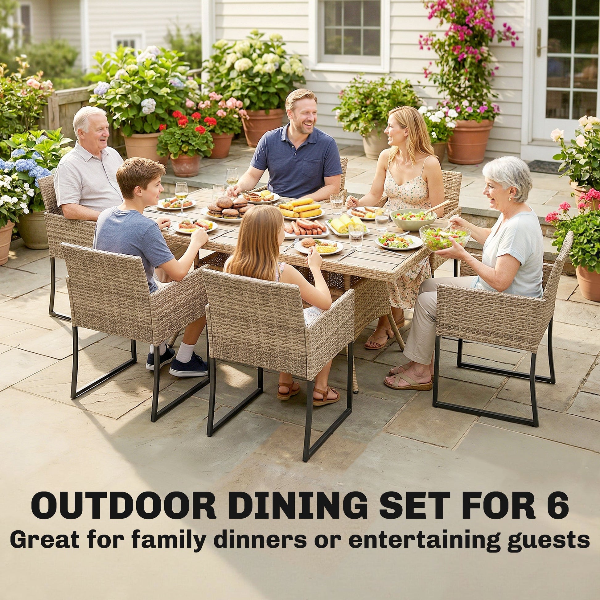 7 Piece Rattan Garden Furniture Set, Garden Dining Set with Wood-Plastic Table and 6 Stackable Chairs, Dark Grey