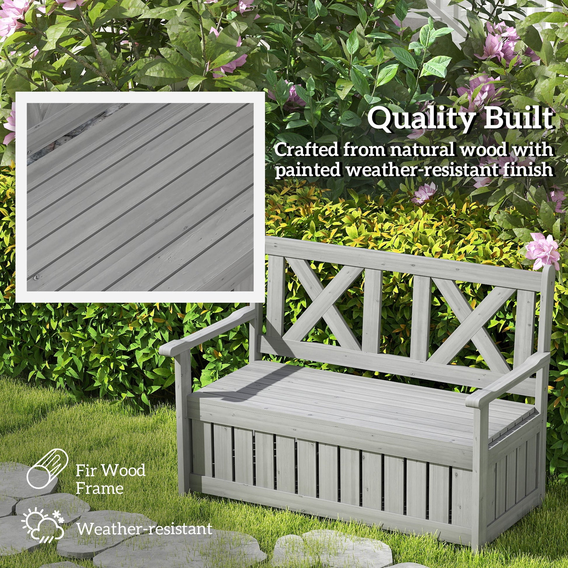2-Seater Garden Storage Bench for Patio Wood Porch Decor Outdoor Seating, Charcoal Grey