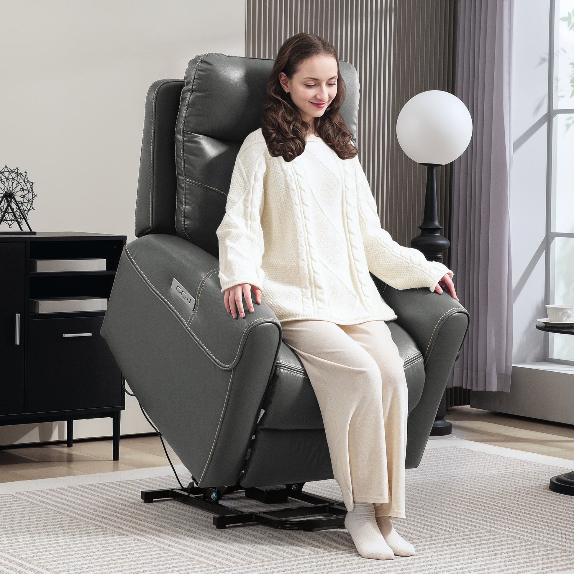 Power Lift Recliner Chair for Elderly, Overstuffed Faux Leather Riser and Reclining Chair with USB A+C Ports, Remote Control, Recliner Armchair for Living Room, Charcoal Grey