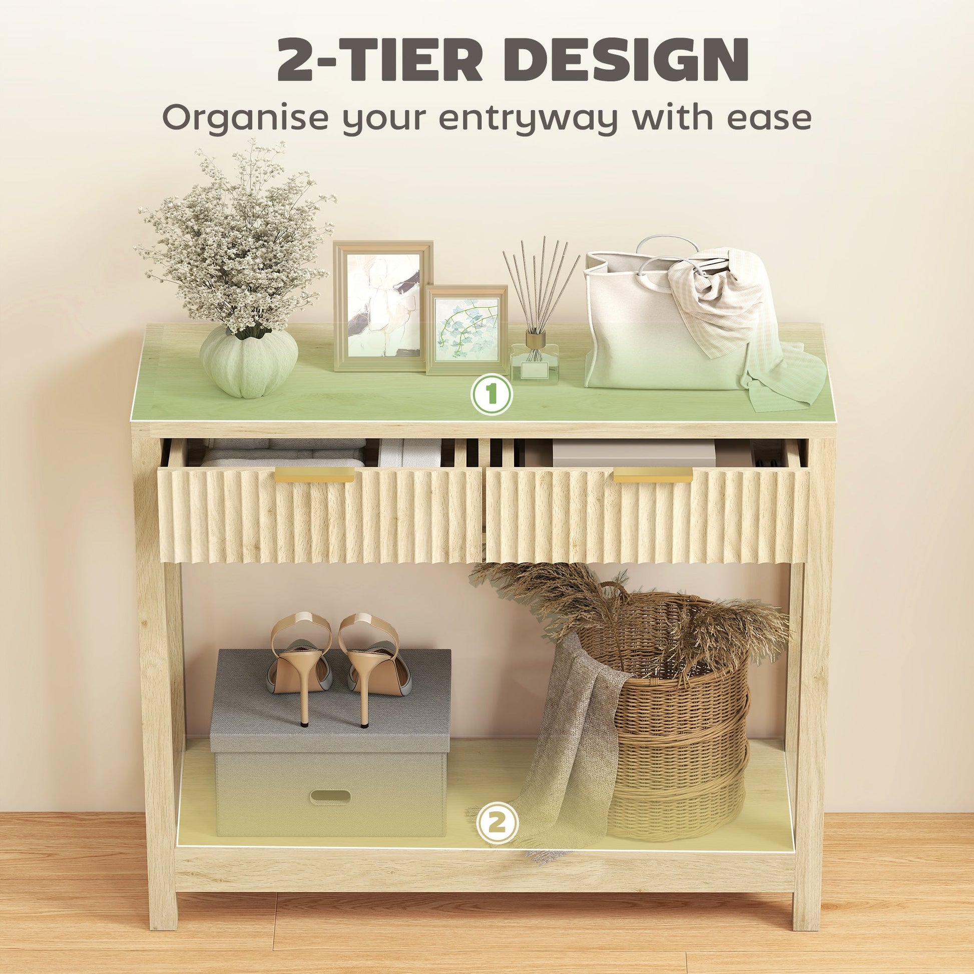 Modern Console Table with Fluted Panel Drawers, Narrow Hallway Table with Shelf for Entryway, Living Room, 90 x 30 x 76 cm, Natural Wood Finish