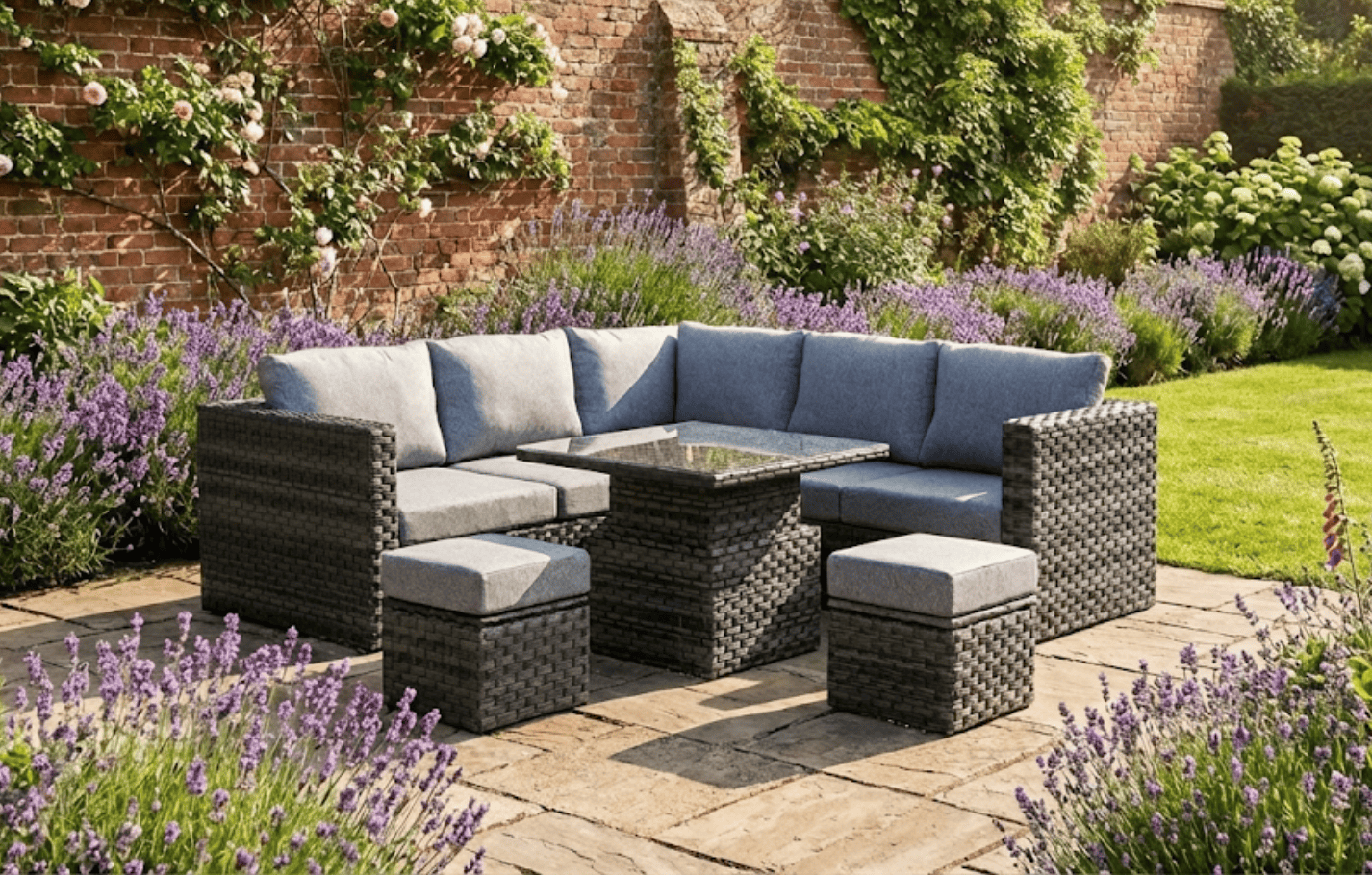 Lima 7-Seater Rattan Garden Corner Sofa Set | Height-Adjustable Table, Stools & Protective Cover