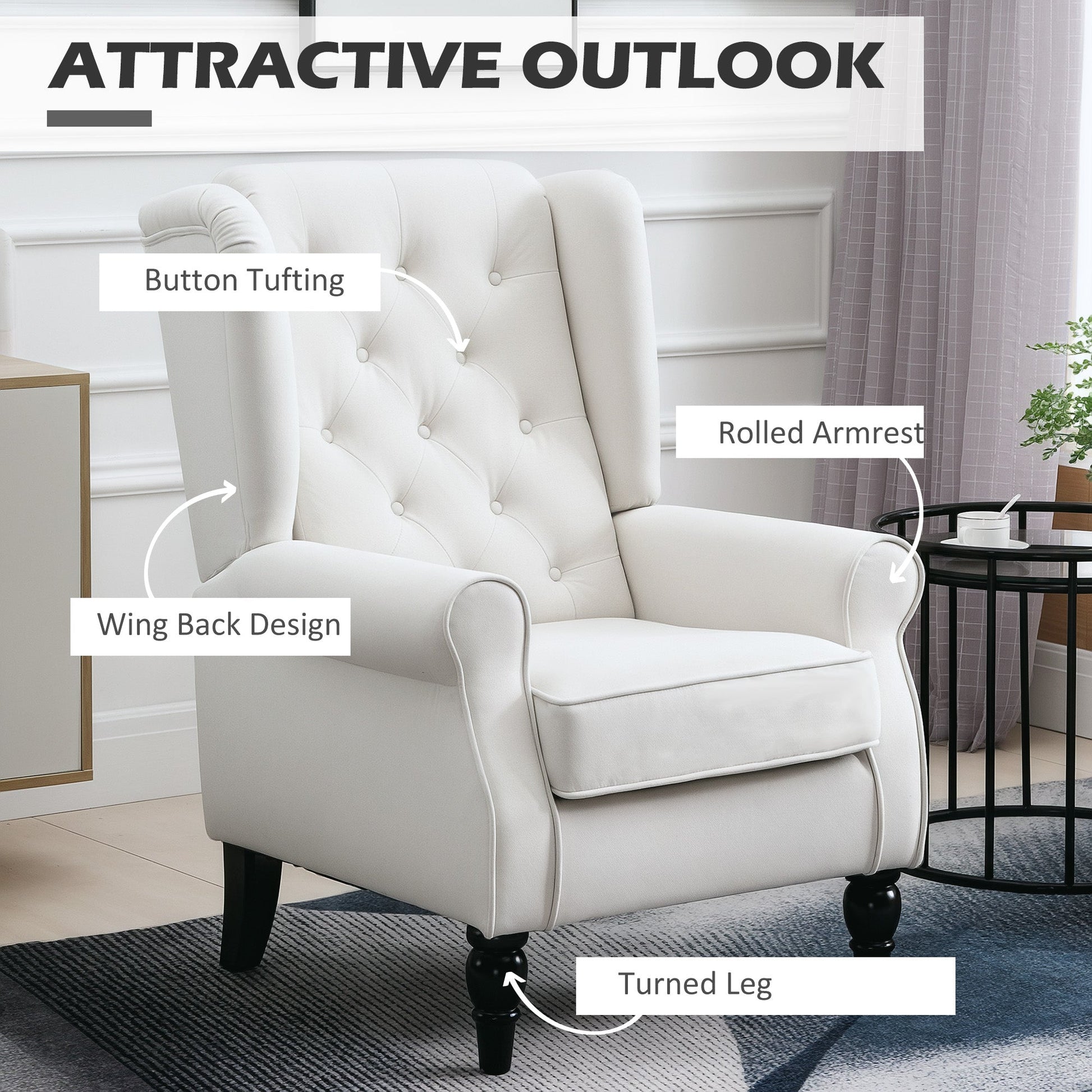 Wingback Accent Chair, Retro Upholstered Button Tufted Occasional Chair for Living Room and Bedroom, Cream White