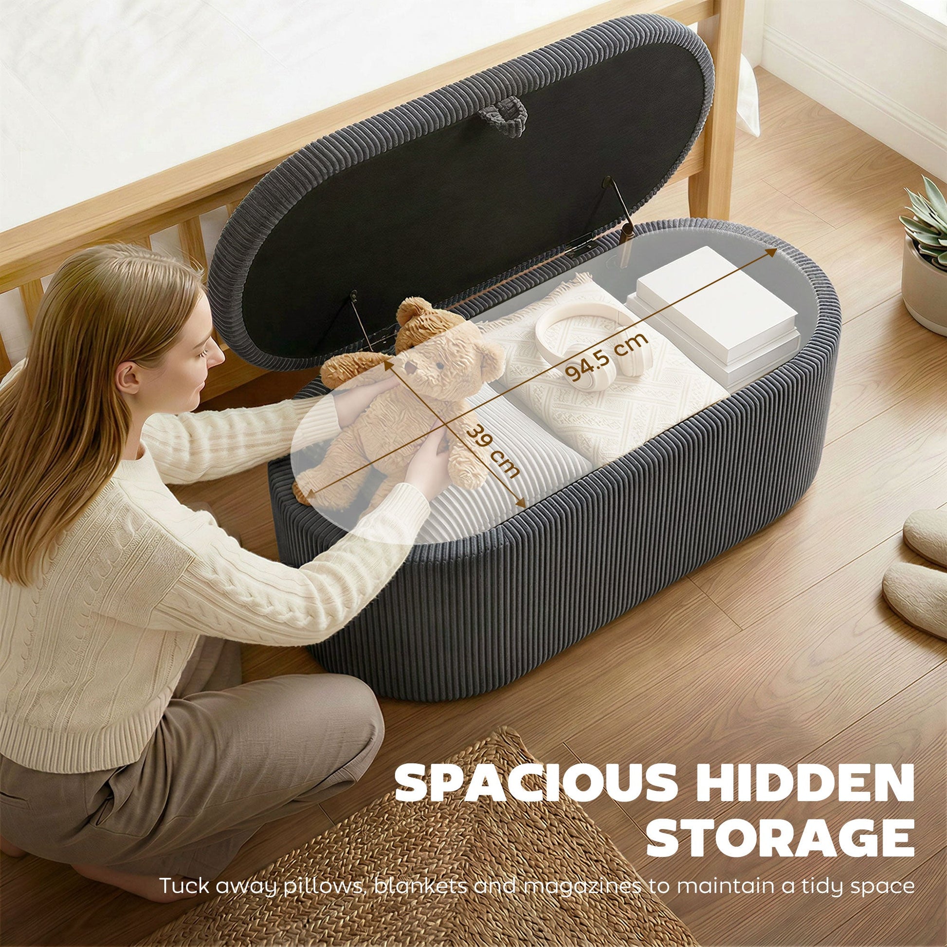 Storage Ottoman, Corduroy Upholstered Ottoman Storage Box with Padded Seat, 105 x 51 x 49 cm, Dark Grey