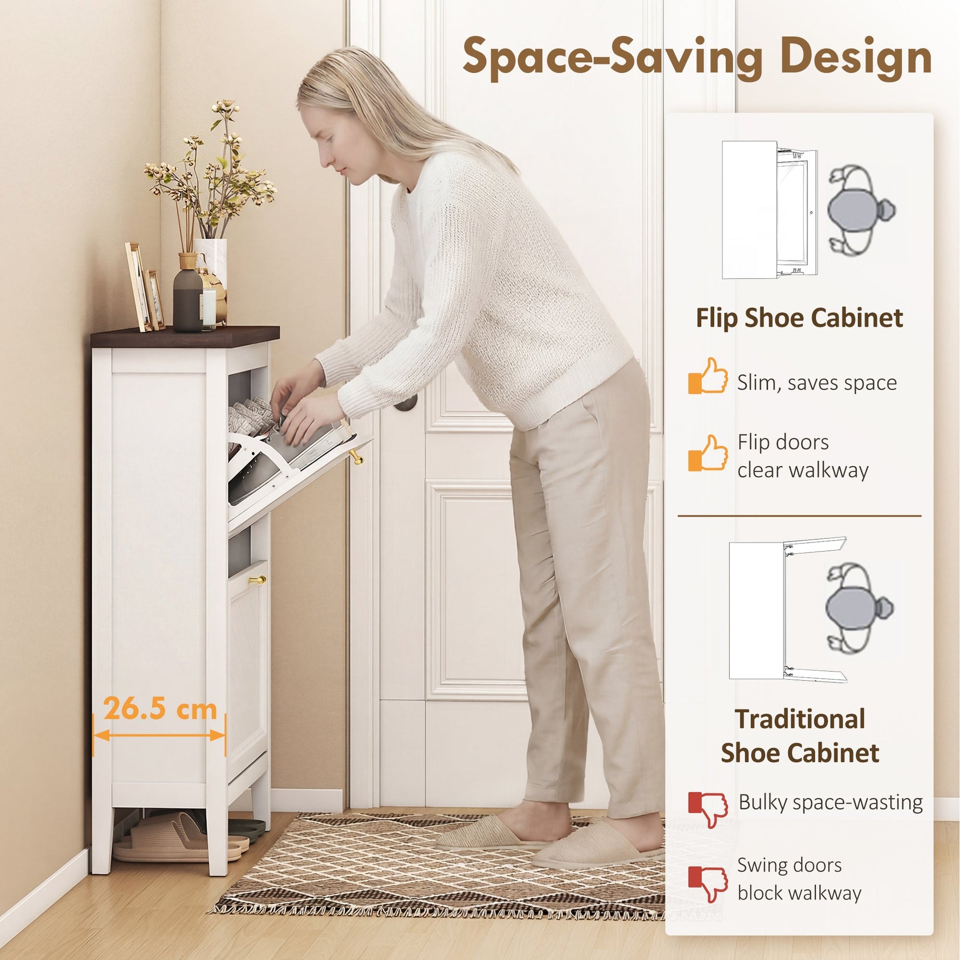 Shoe Cabinet with 2 Flip Drawers, Farmhouse Narrow Shoe Storage Cabinet with Adjustable Shelves, White
