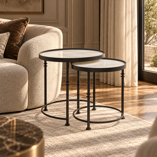 Arcana White Marble and Black Finish Set of 2 Round Side Tables