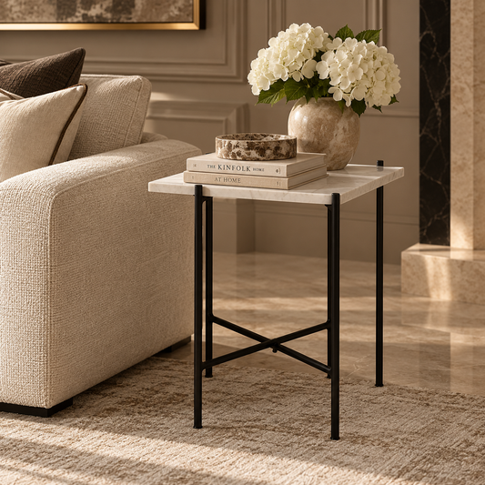 Mandoli White Marble and Black Finish Side Table