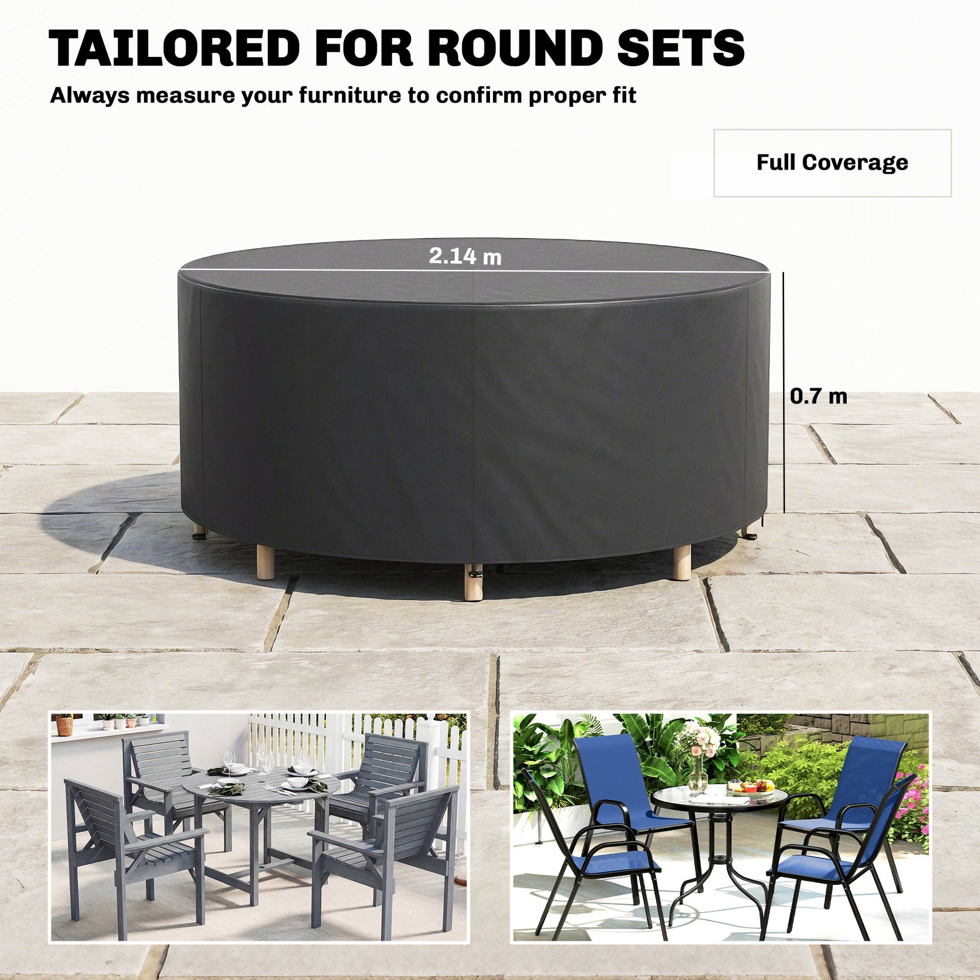 Round Garden Furniture Cover, Waterproof Garden Table Cover, 420D Heavy Duty Oxford for Outdoor, Dia.214 x 70 cm, Black