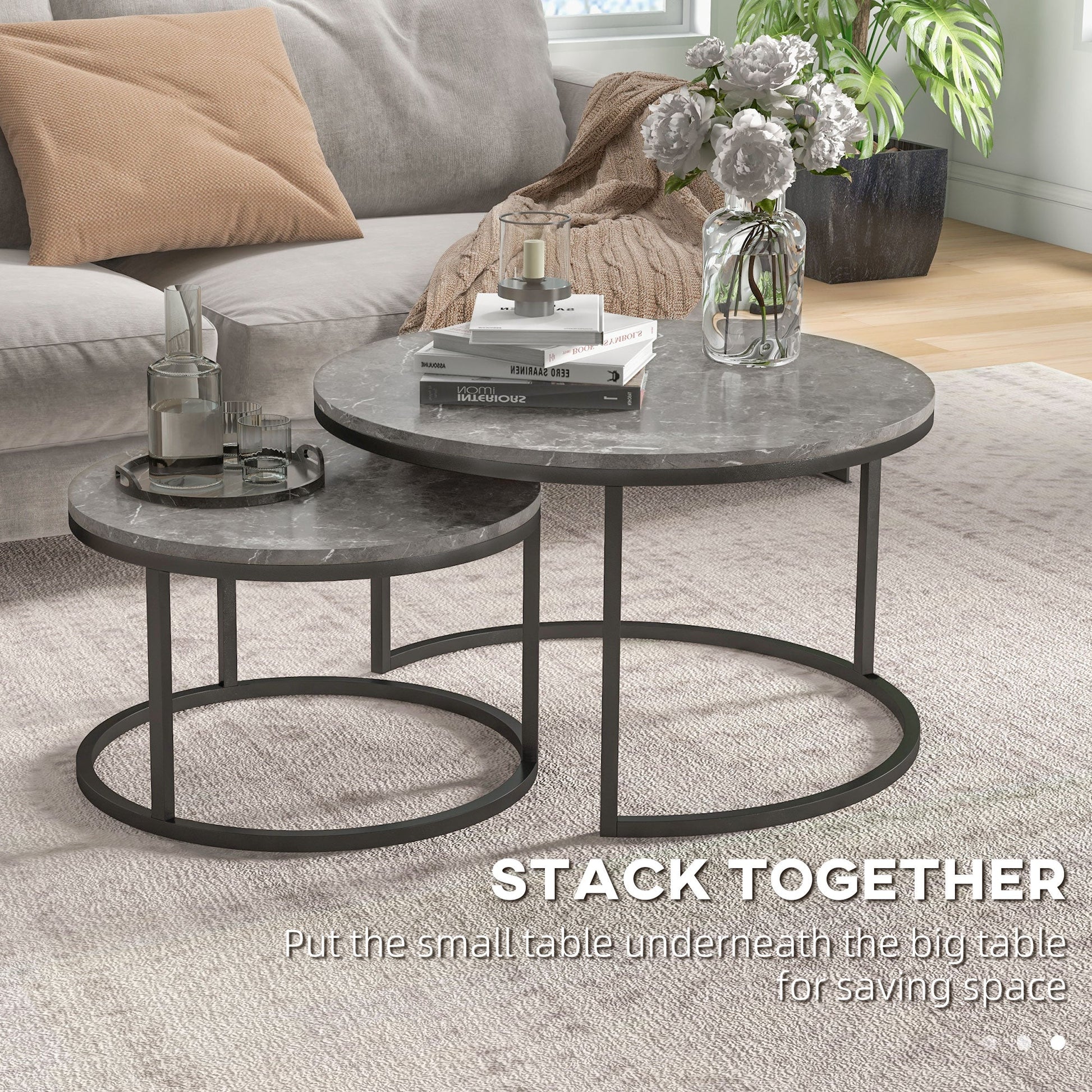Industrial Nesting Coffee Table Set of 2, Round Coffee Tables, Living Room Table with Faux Marbled Top and Steel Frame