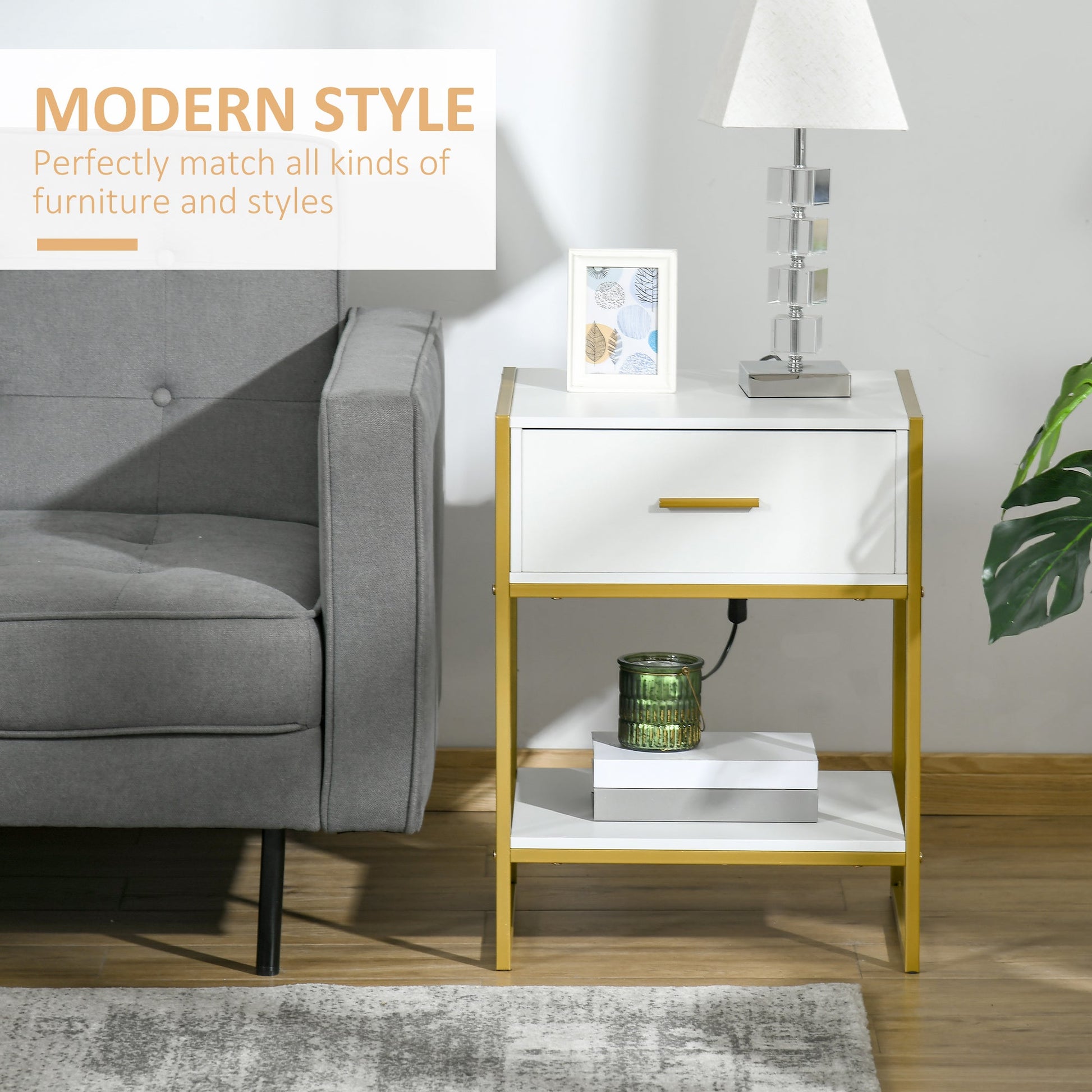 Bedside Table, Modern Side Table with Drawer and Shelf, Nightstand for Bedroom, White